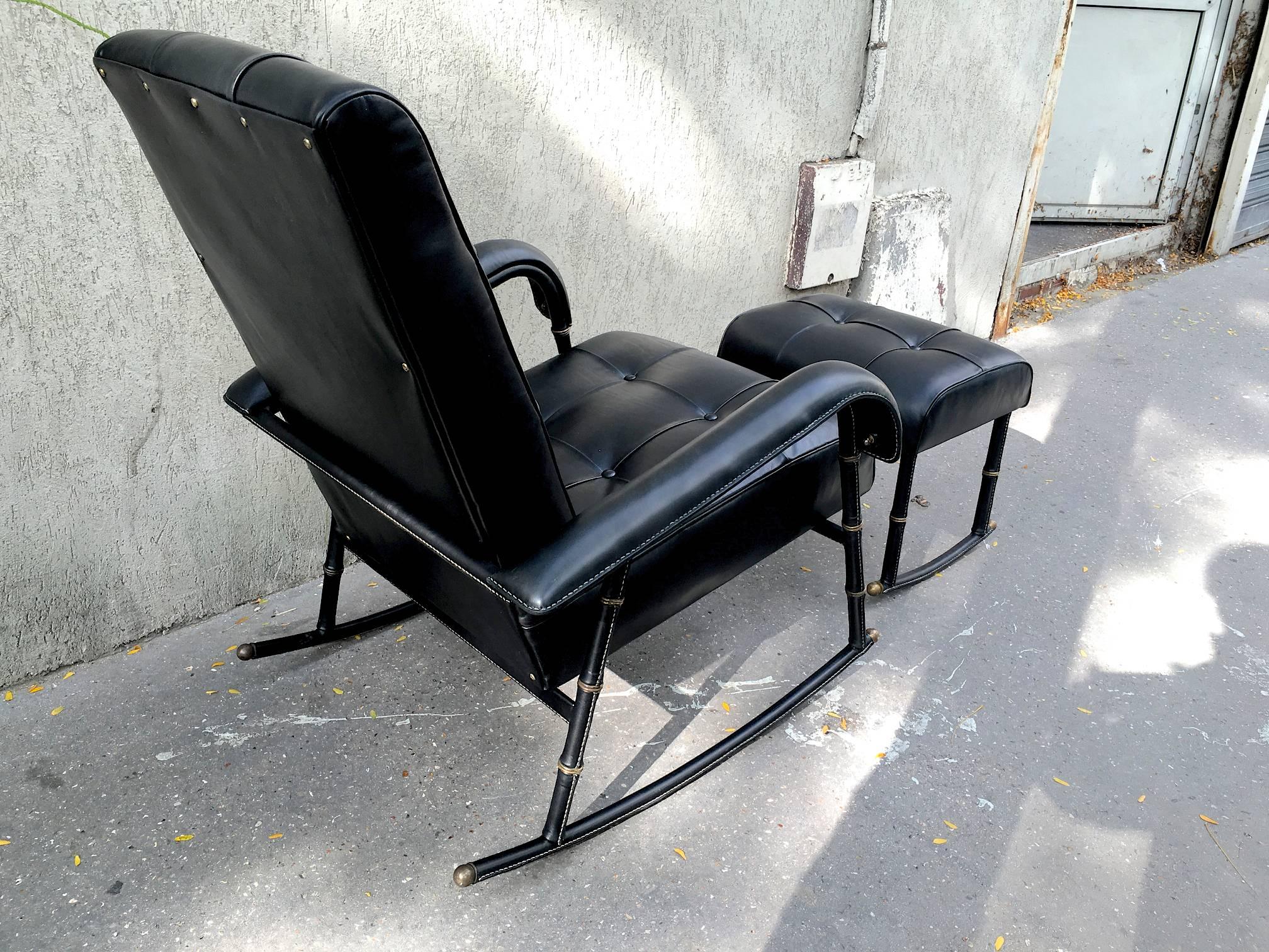 Mid-Century Modern Jacques Adnet Rare Rocking Chair and Footstool in Black Hand-Stitched Leather For Sale
