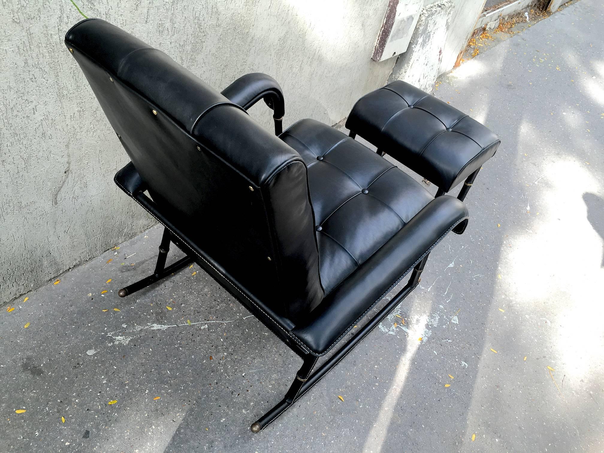 French Jacques Adnet Rare Rocking Chair and Footstool in Black Hand-Stitched Leather For Sale