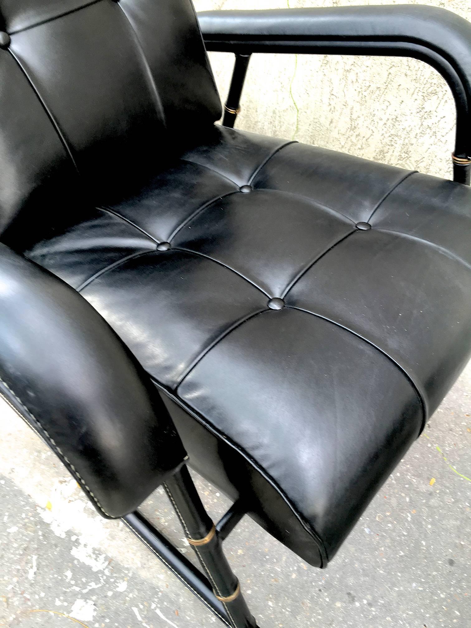 Mid-20th Century Jacques Adnet Rare Rocking Chair and Footstool in Black Hand-Stitched Leather For Sale