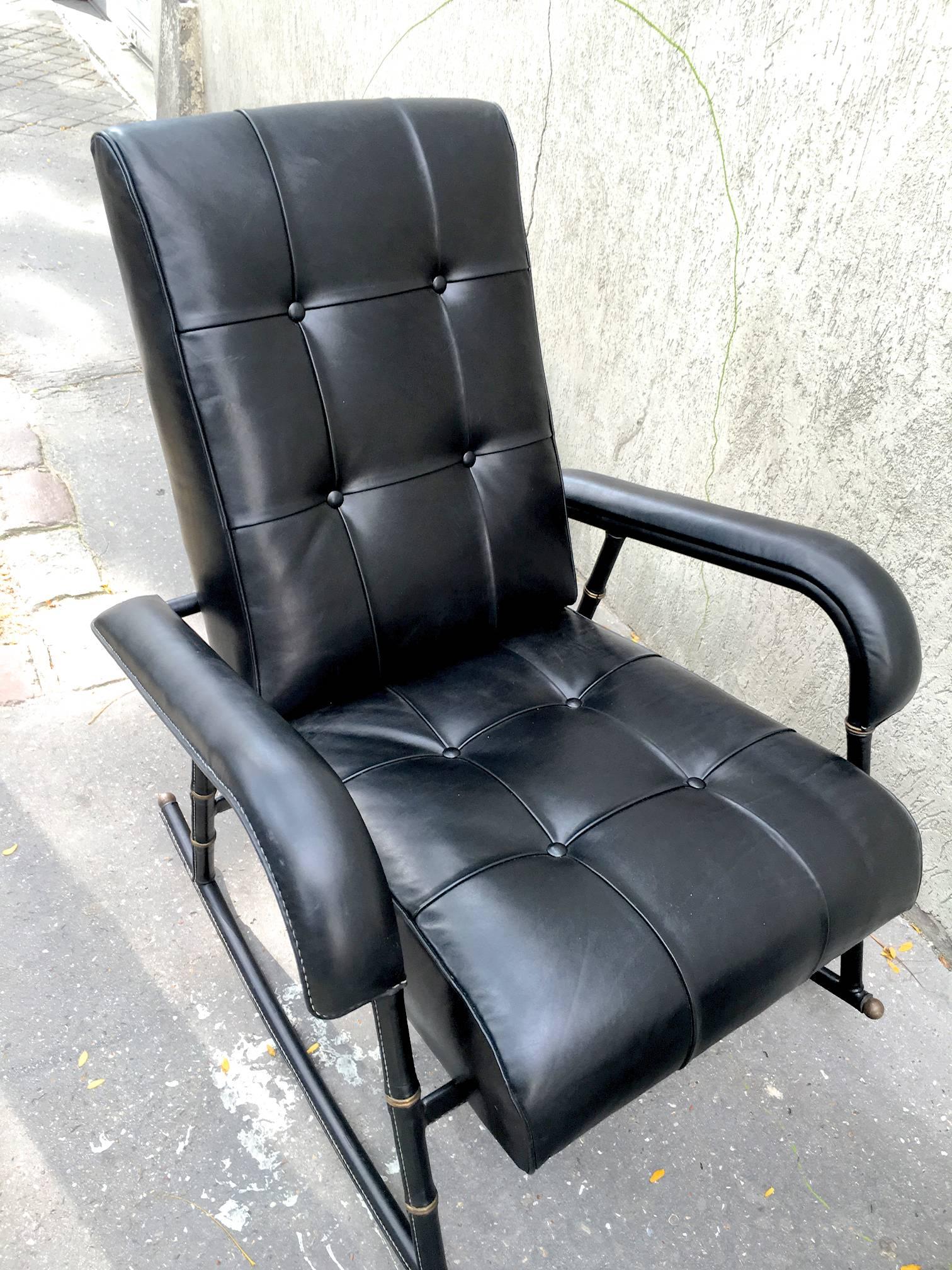 Jacques Adnet Rare Rocking Chair and Footstool in Black Hand-Stitched Leather For Sale 2