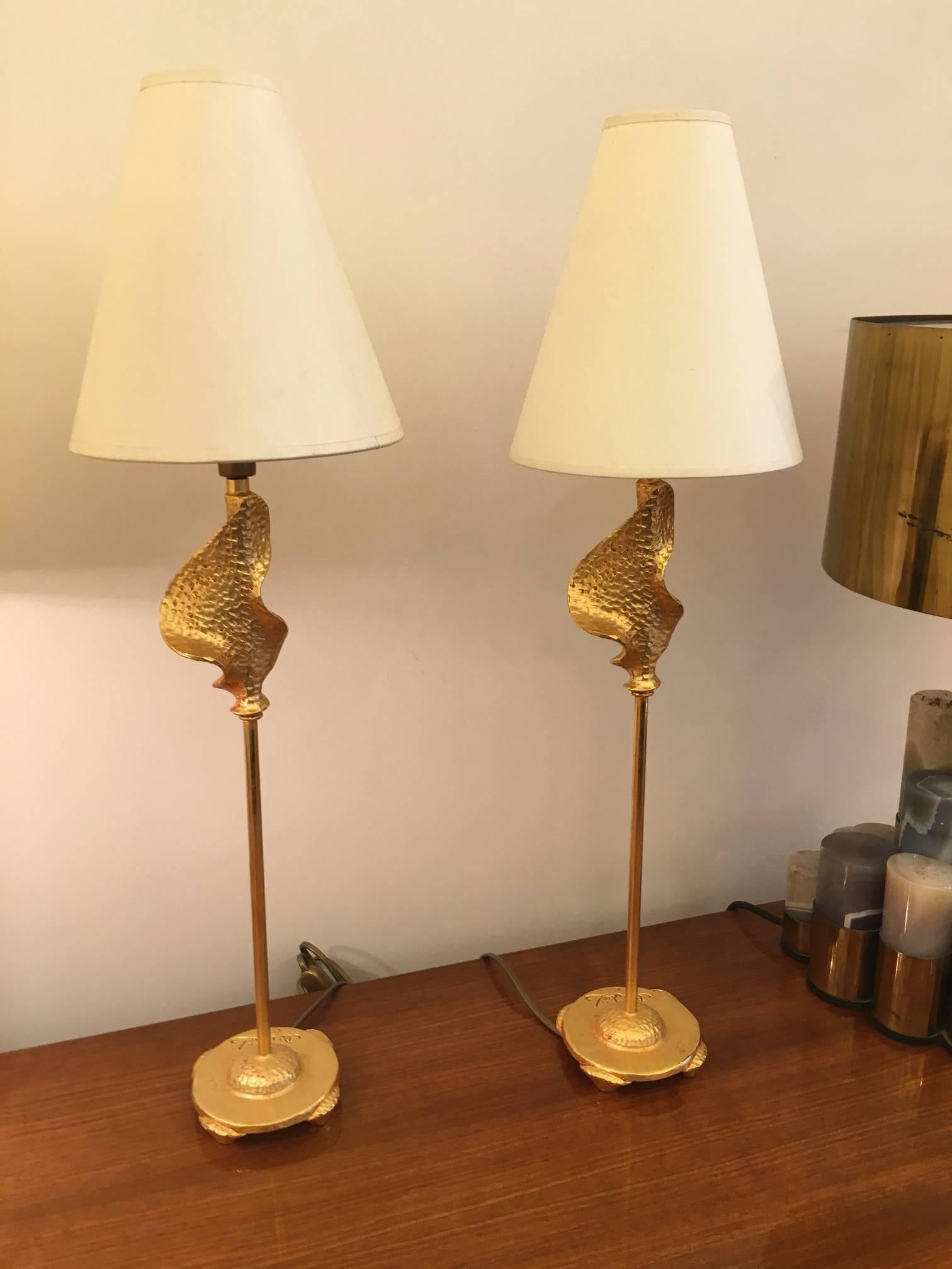 Late 20th Century Slender Pair of Leaf Sculpture Gilt Bronze Lamps by De Waël for Fondica For Sale