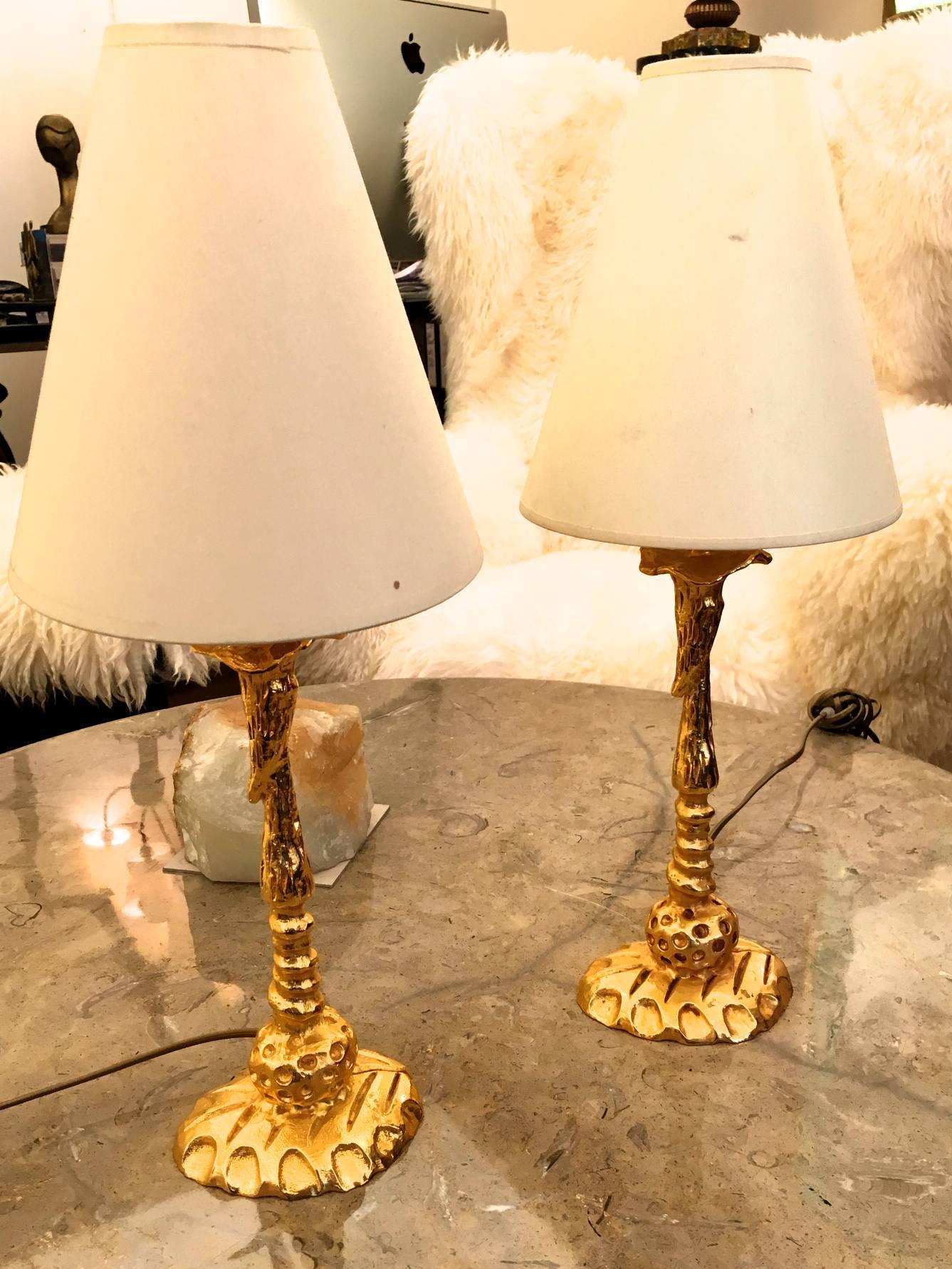 Late 20th Century Pair of Gilt Bronze Lamps by Fondica  For Sale