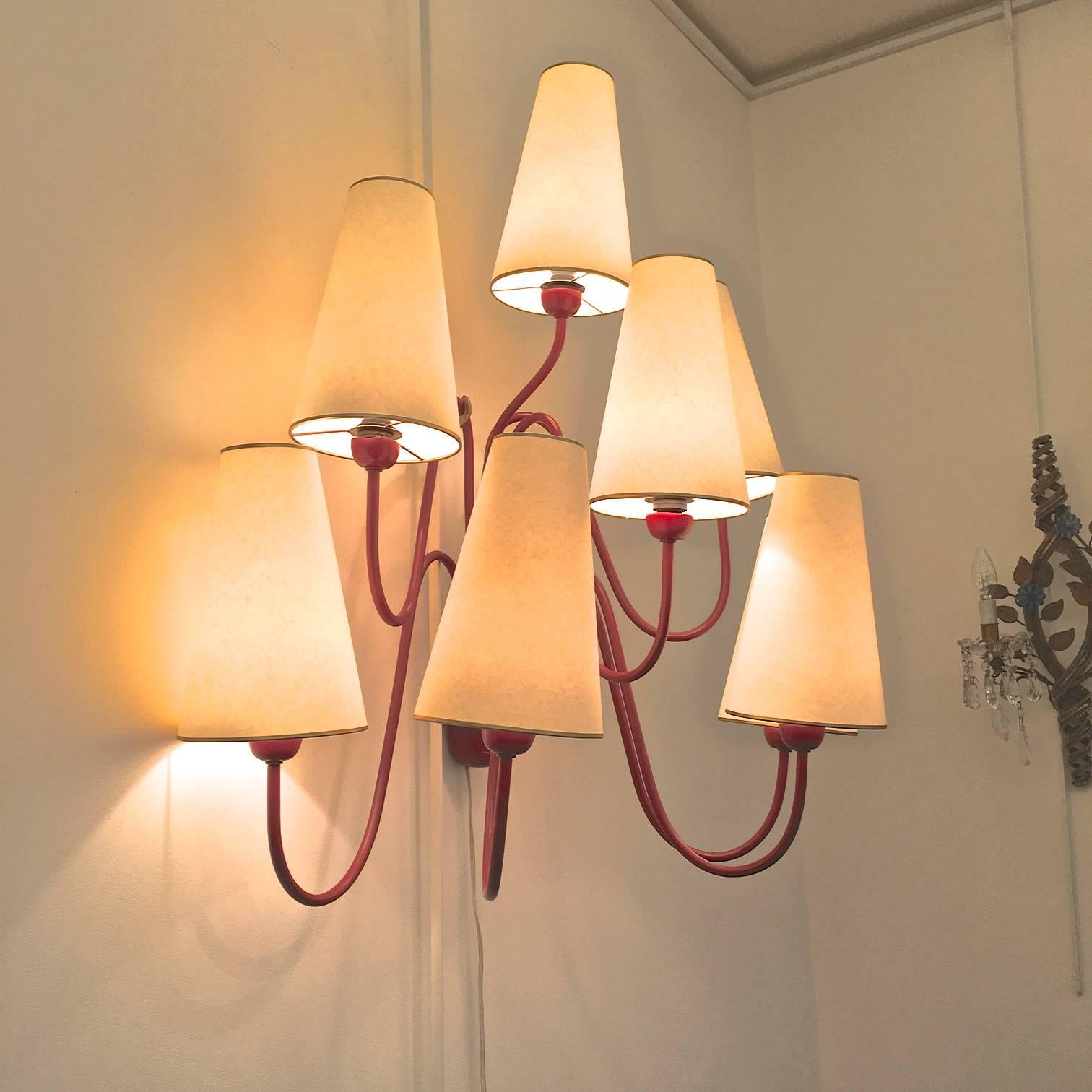 Painted Jean Royère Red Eight-Light Sconces, Model 