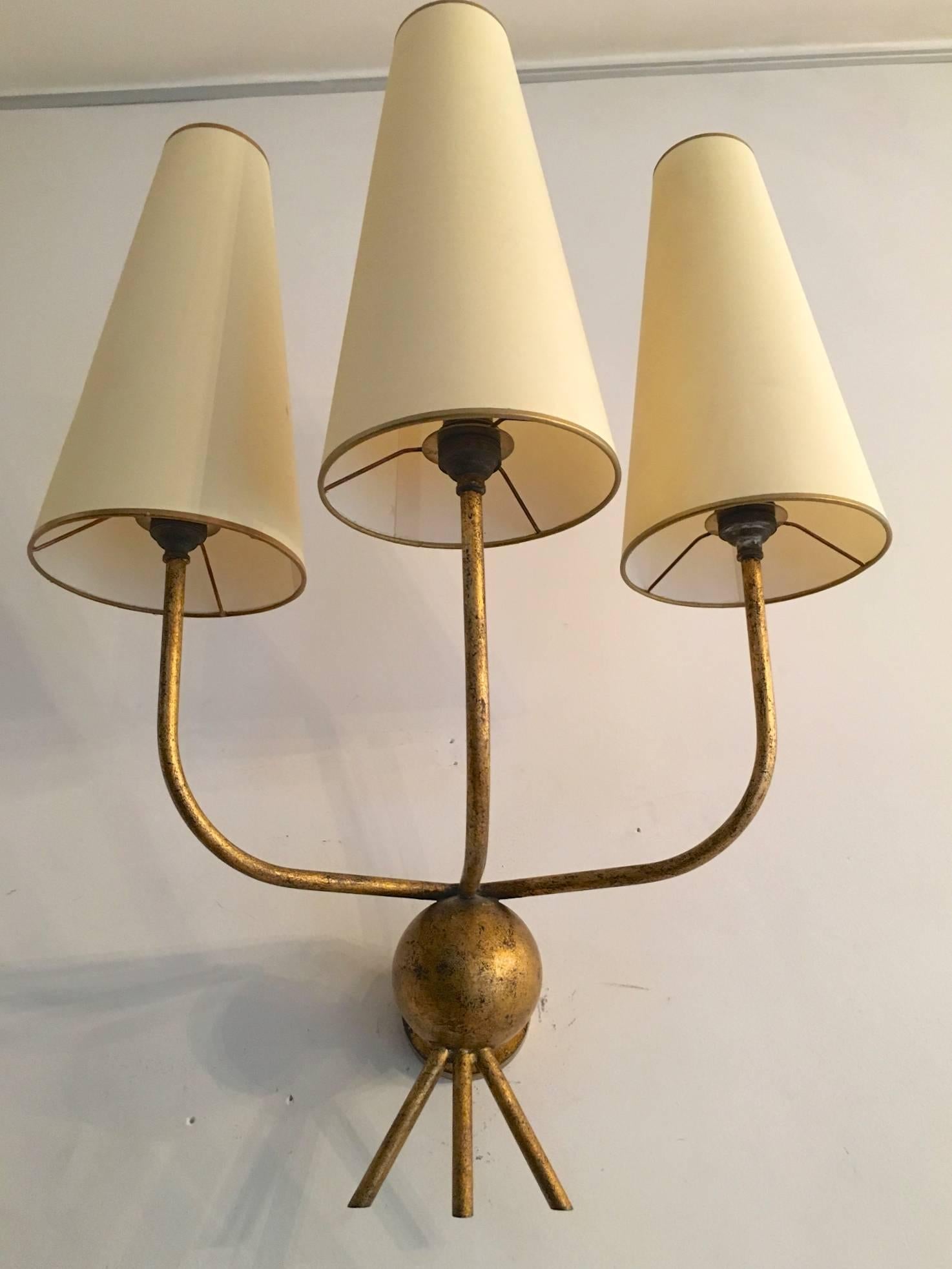 Gilt Jean Royère Pair of Gold Leaf Wrought Iron Sconces, Model 