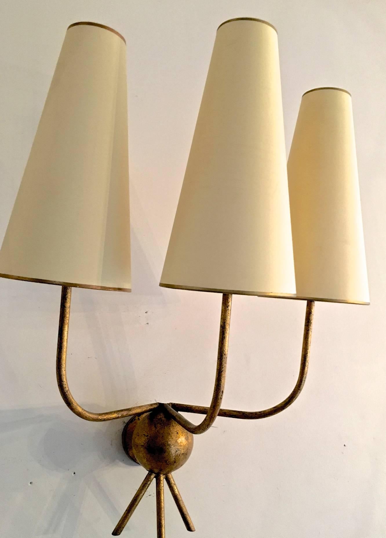 Jean Royère Pair of Gold Leaf Wrought Iron Sconces, Model 