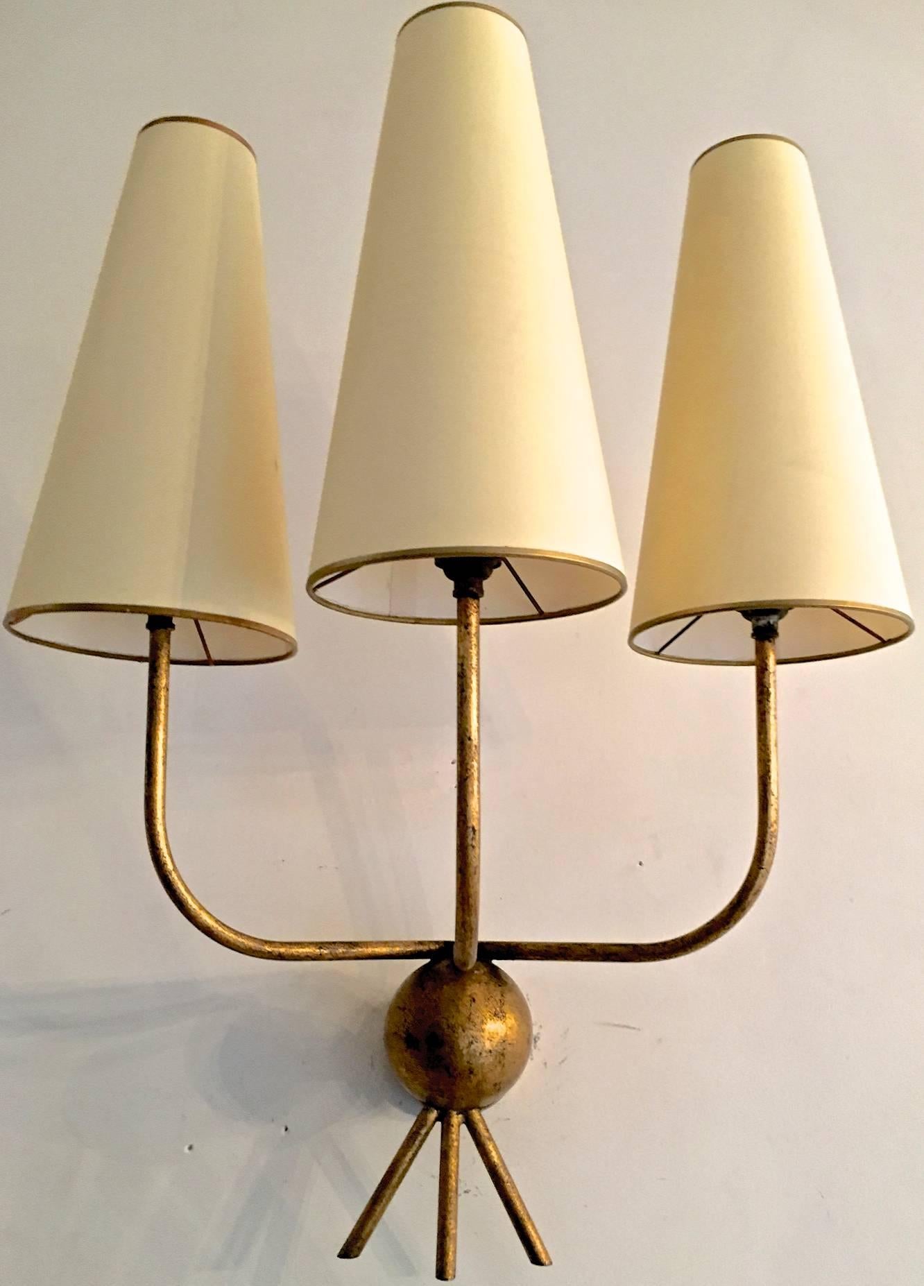 Jean Royère Pair of Gold Leaf Wrought Iron Sconces, Model 