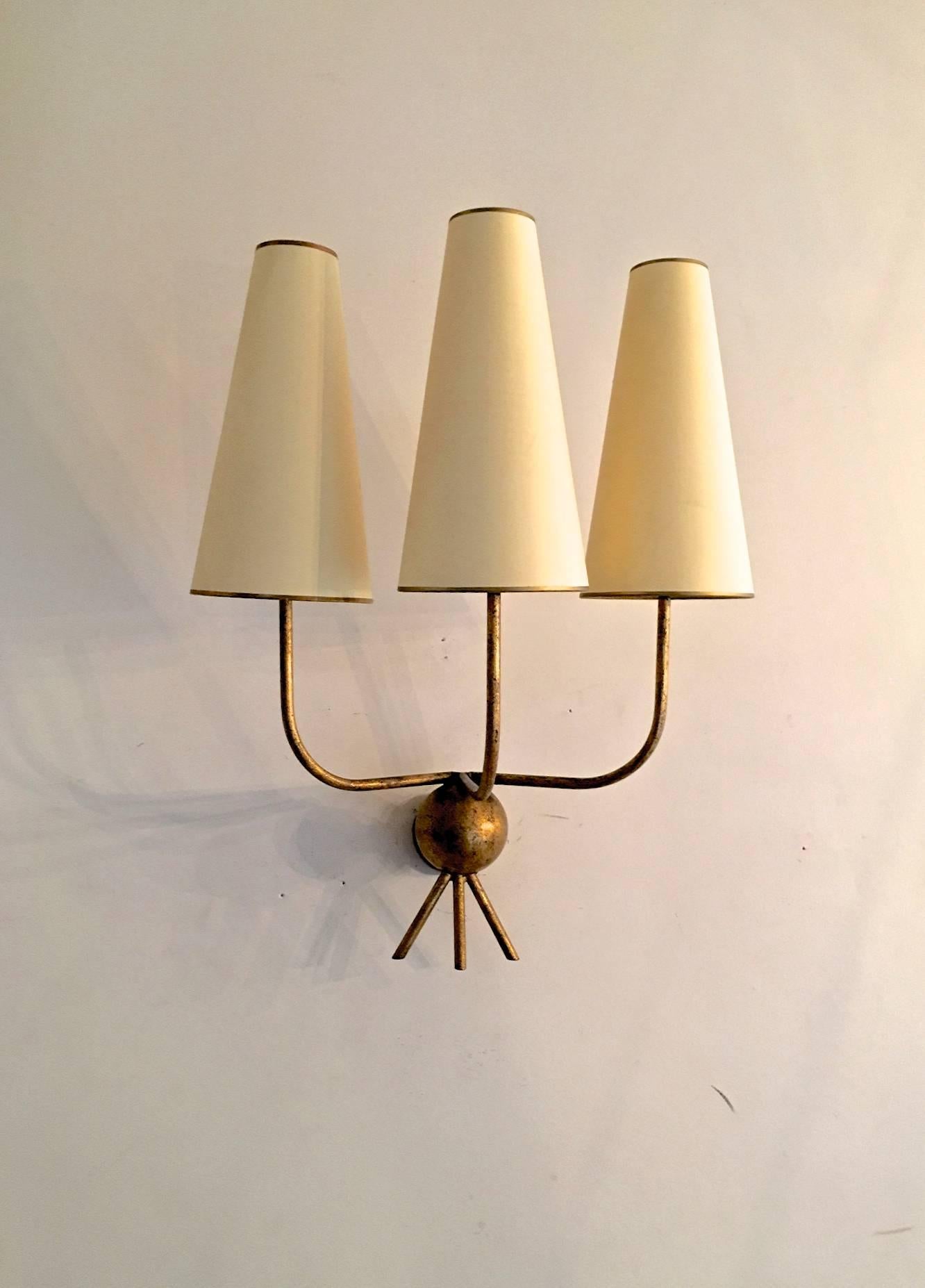 French Jean Royère Pair of Gold Leaf Wrought Iron Sconces, Model 