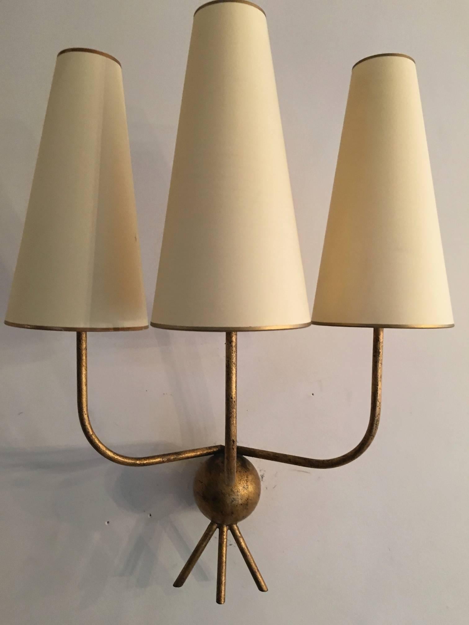 Mid-20th Century Jean Royère Pair of Gold Leaf Wrought Iron Sconces, Model 