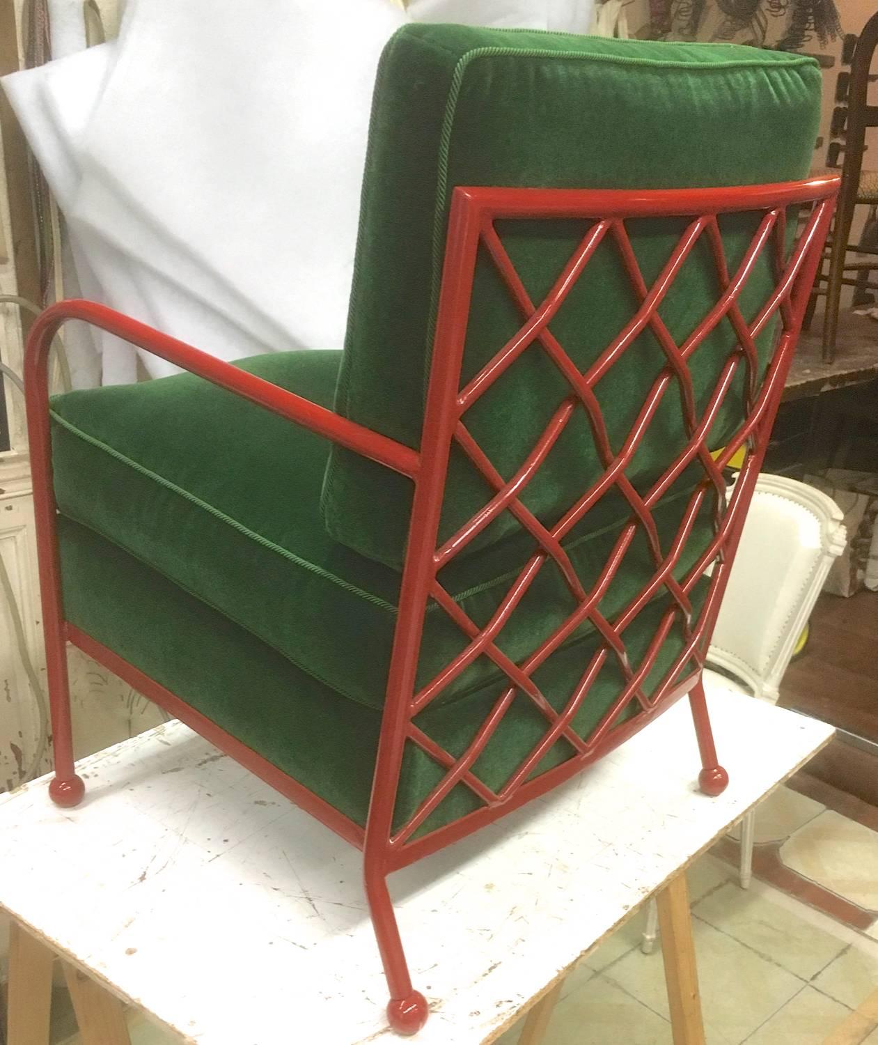 Jean Royère pair of Croisillon armchairs in painted red lacquered wrought Iron
newly covered in green Empire mohair velvet.