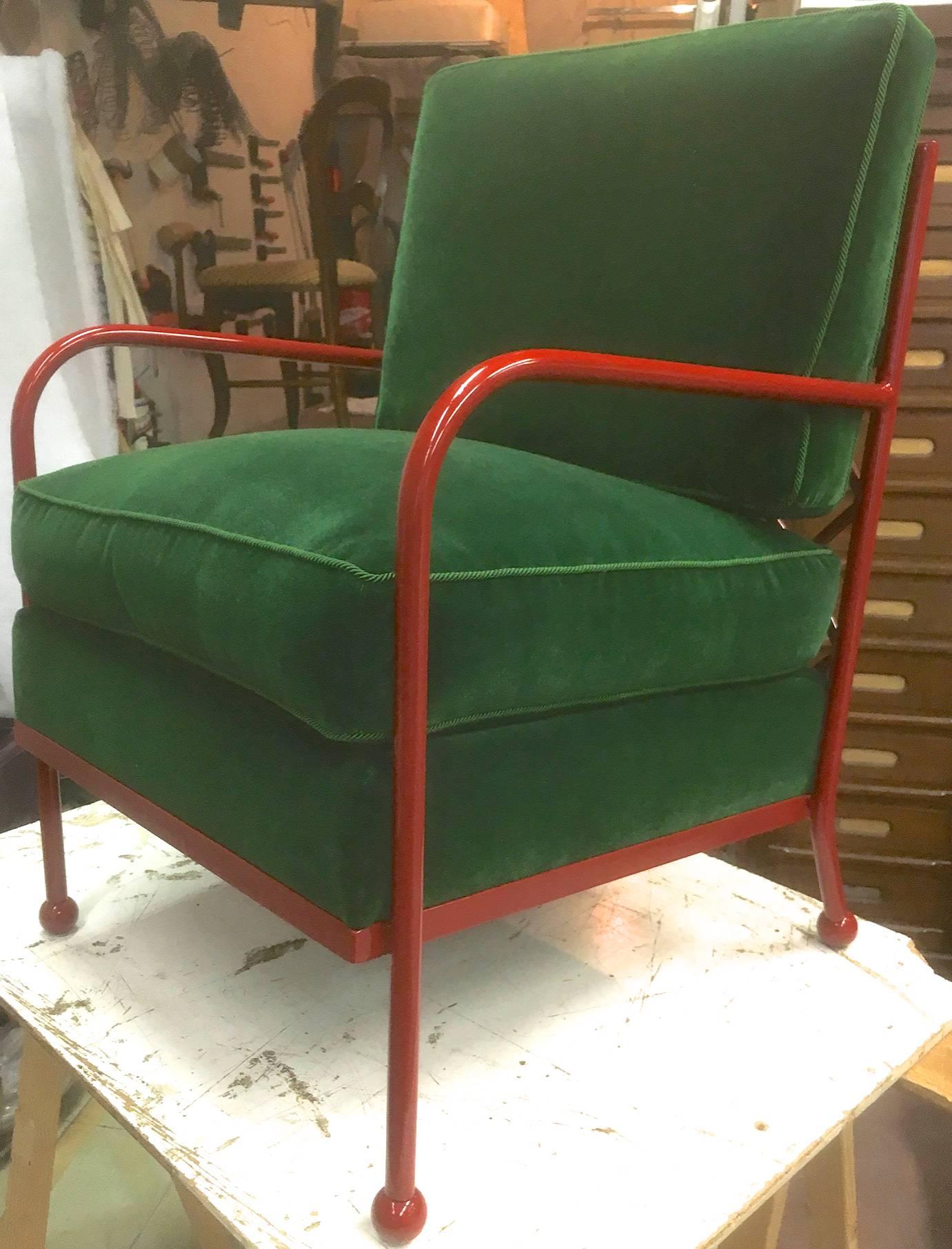 Mid-Century Modern Jean Royère Pair of Croisillon Armchairs in Red Lacquered Wrought Iron For Sale