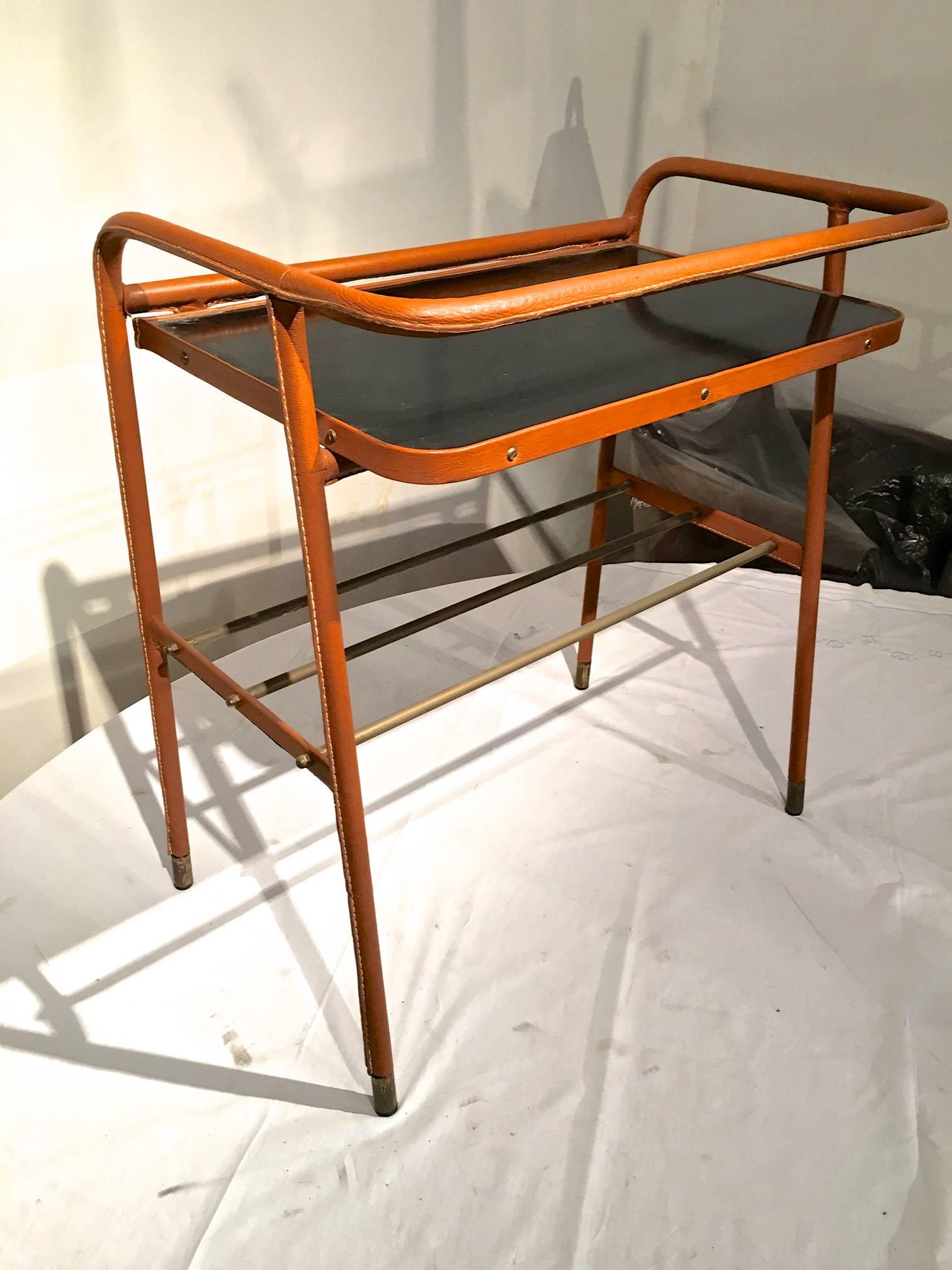 Mid-20th Century Jacques Adnet Hand-Stitched Brown Leather Two-Tier Side Table For Sale