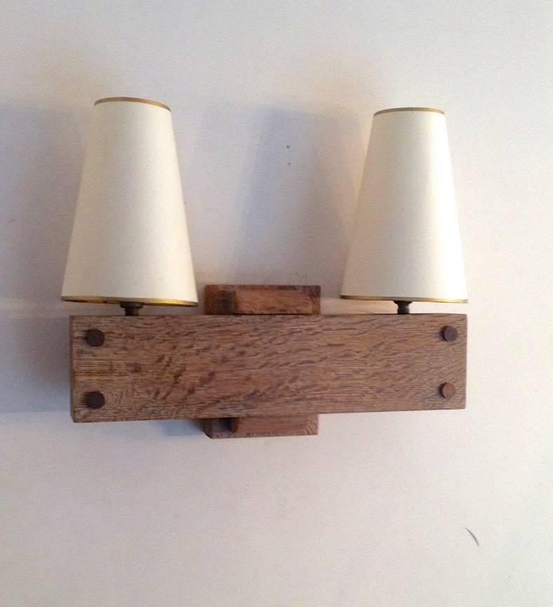 Charles Dudouyt Stamped Rarest Pair of Cerused Solid Oak Sconces In Excellent Condition For Sale In Paris, ile de france