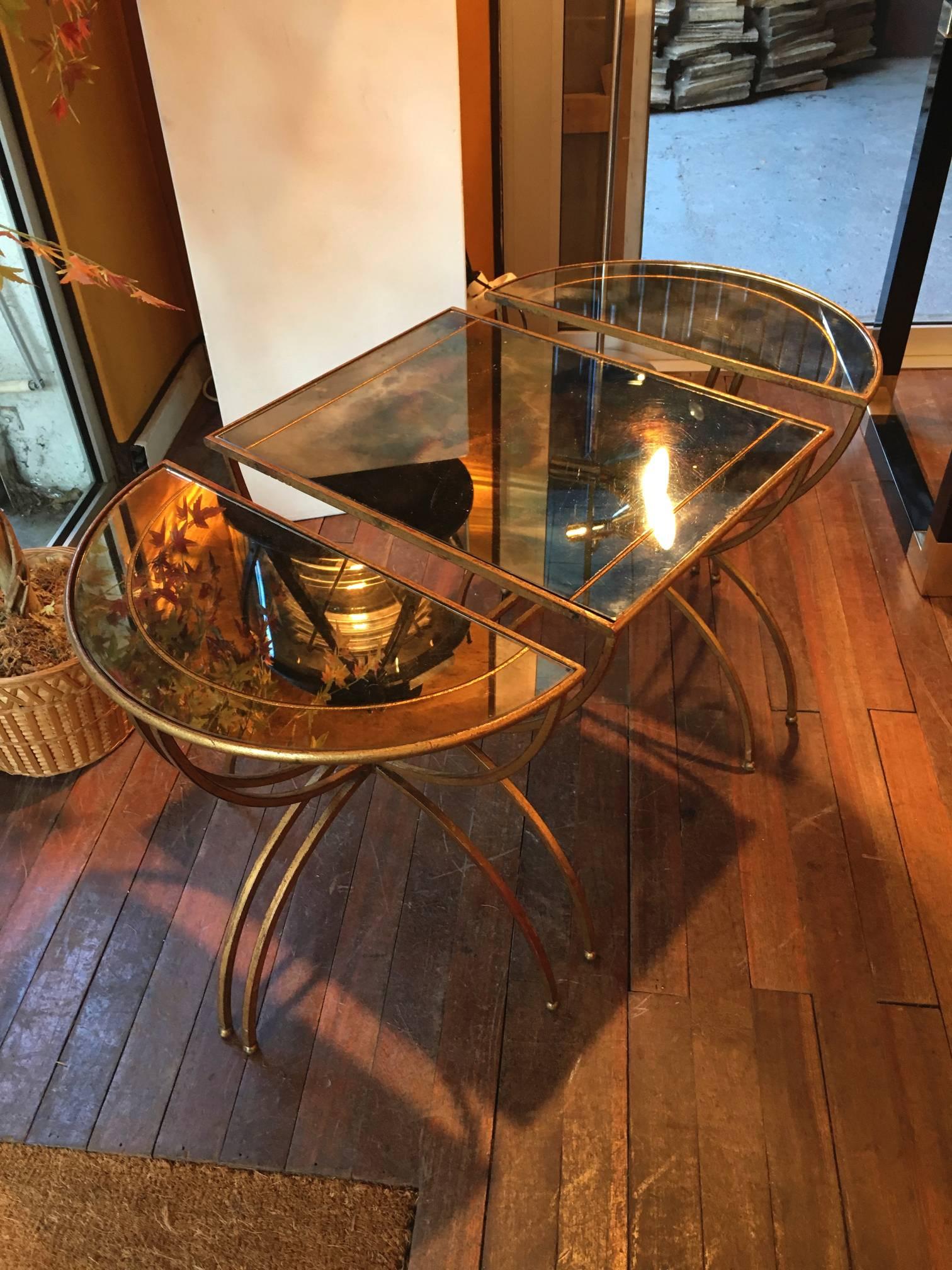 Mid-Century Modern Maison Baguès Semi-Sphere Gold Leaf Iron Three-Part Coffee Table For Sale