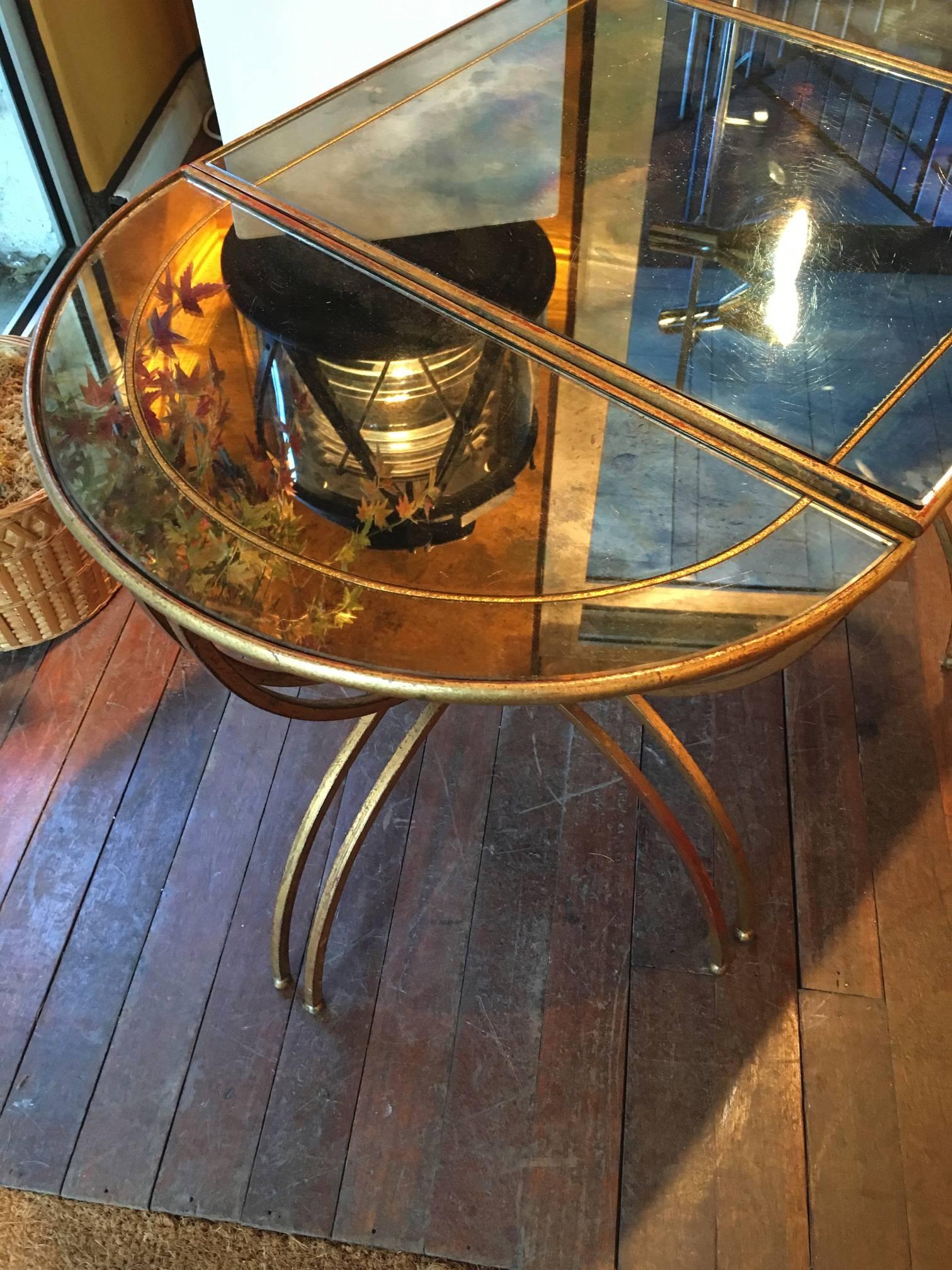 French Maison Baguès Semi-Sphere Gold Leaf Iron Three-Part Coffee Table For Sale