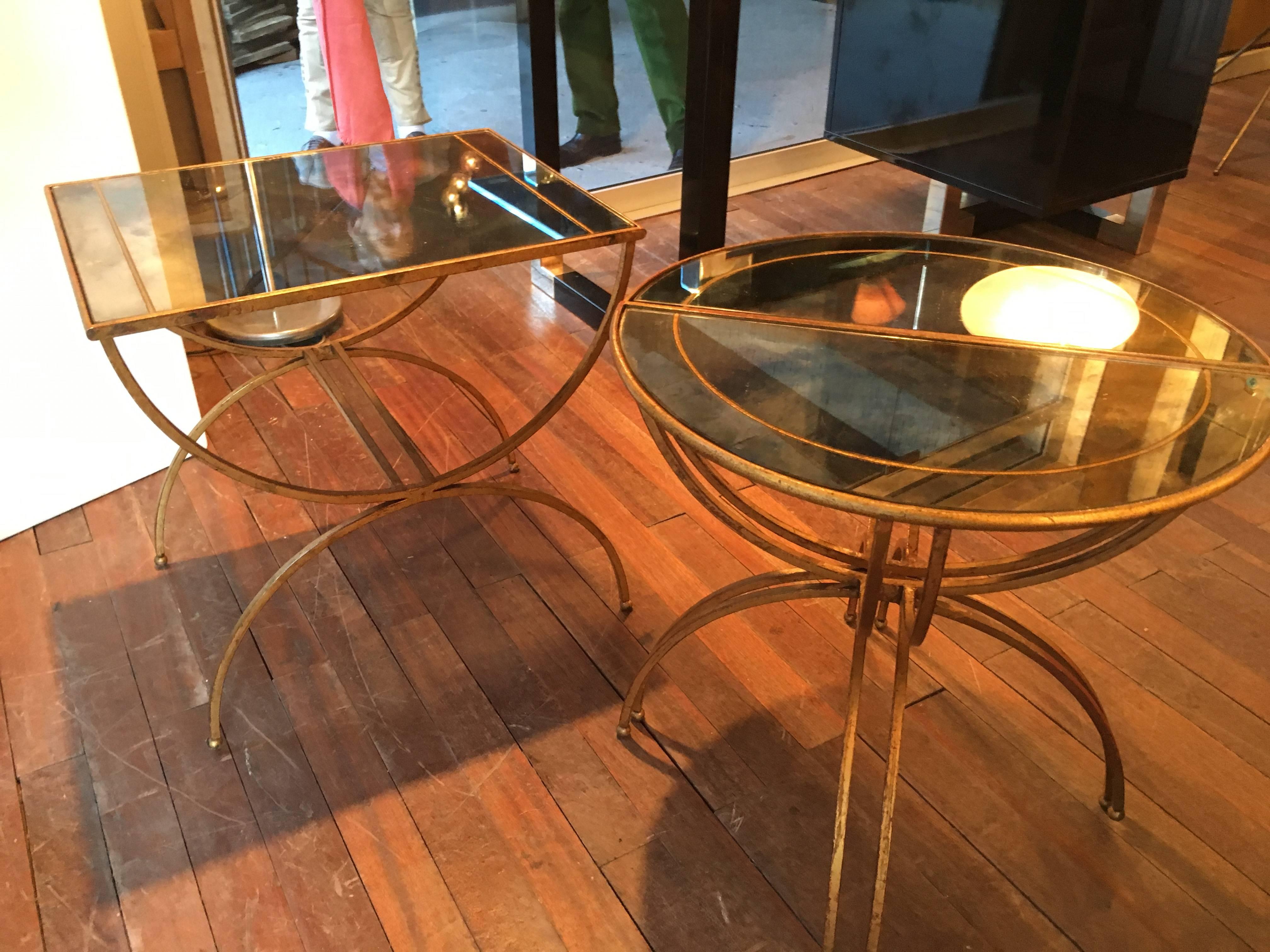 Mid-20th Century Maison Baguès Semi-Sphere Gold Leaf Iron Three-Part Coffee Table For Sale