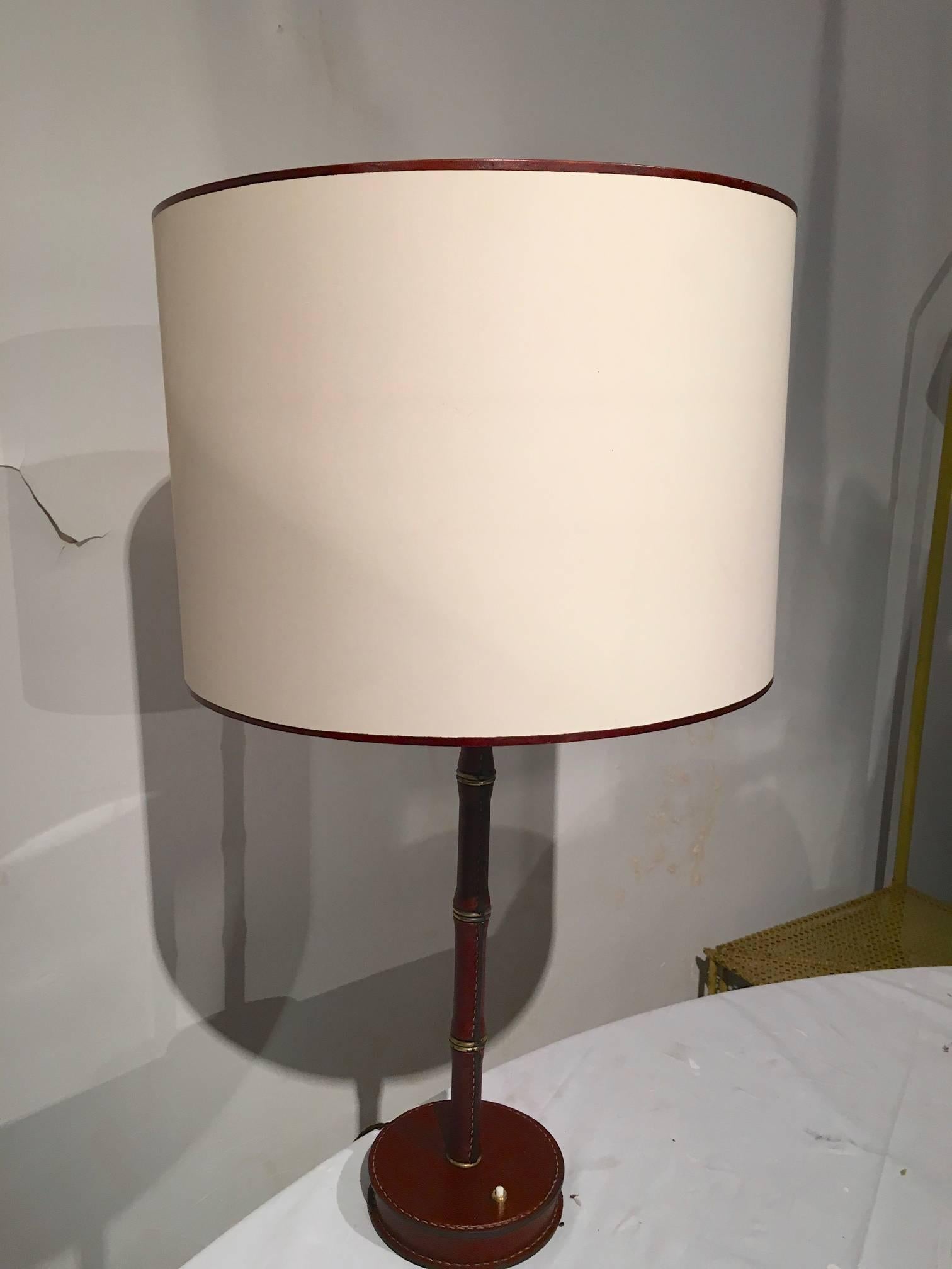 Mid-20th Century Jacques Adnet Hand-Stitched Leather Pair of Lamps in Red Hermès Color For Sale