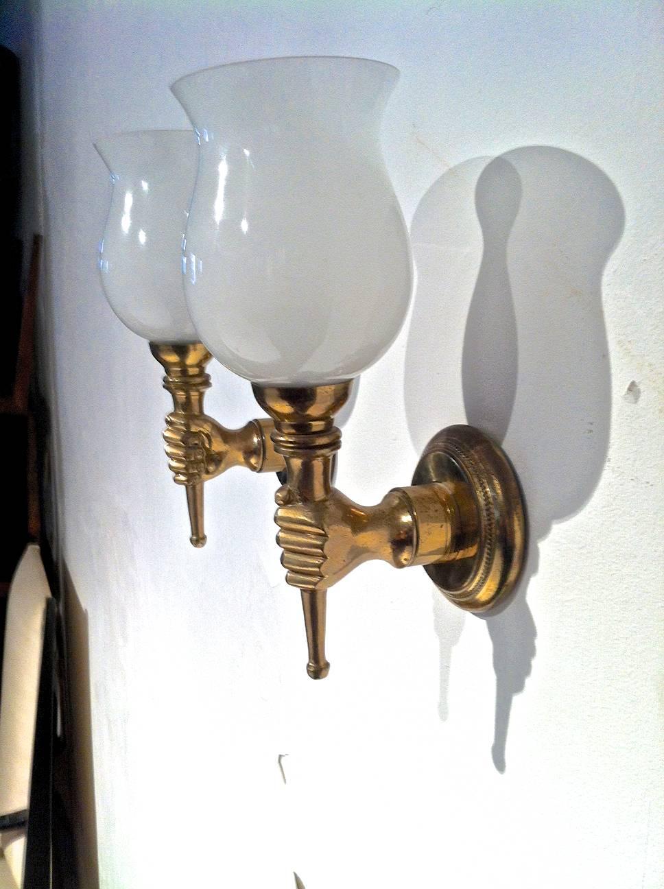 Mid-20th Century John Devoluy Set of Four Gold Bronze Hand Sconces with Opaline Cup For Sale