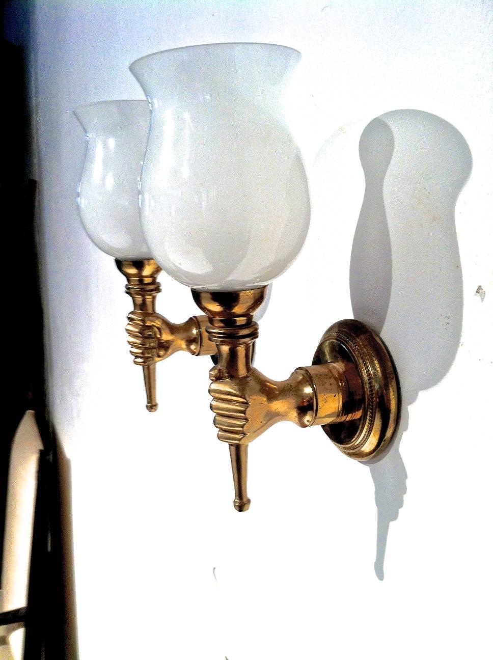 John Devoluy Set of Four Gold Bronze Hand Sconces with Opaline Cup For Sale 1