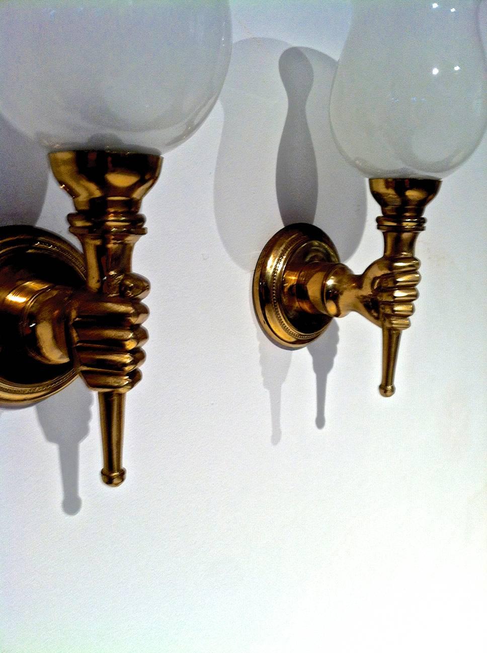 French John Devoluy Set of Four Gold Bronze Hand Sconces with Opaline Cup For Sale