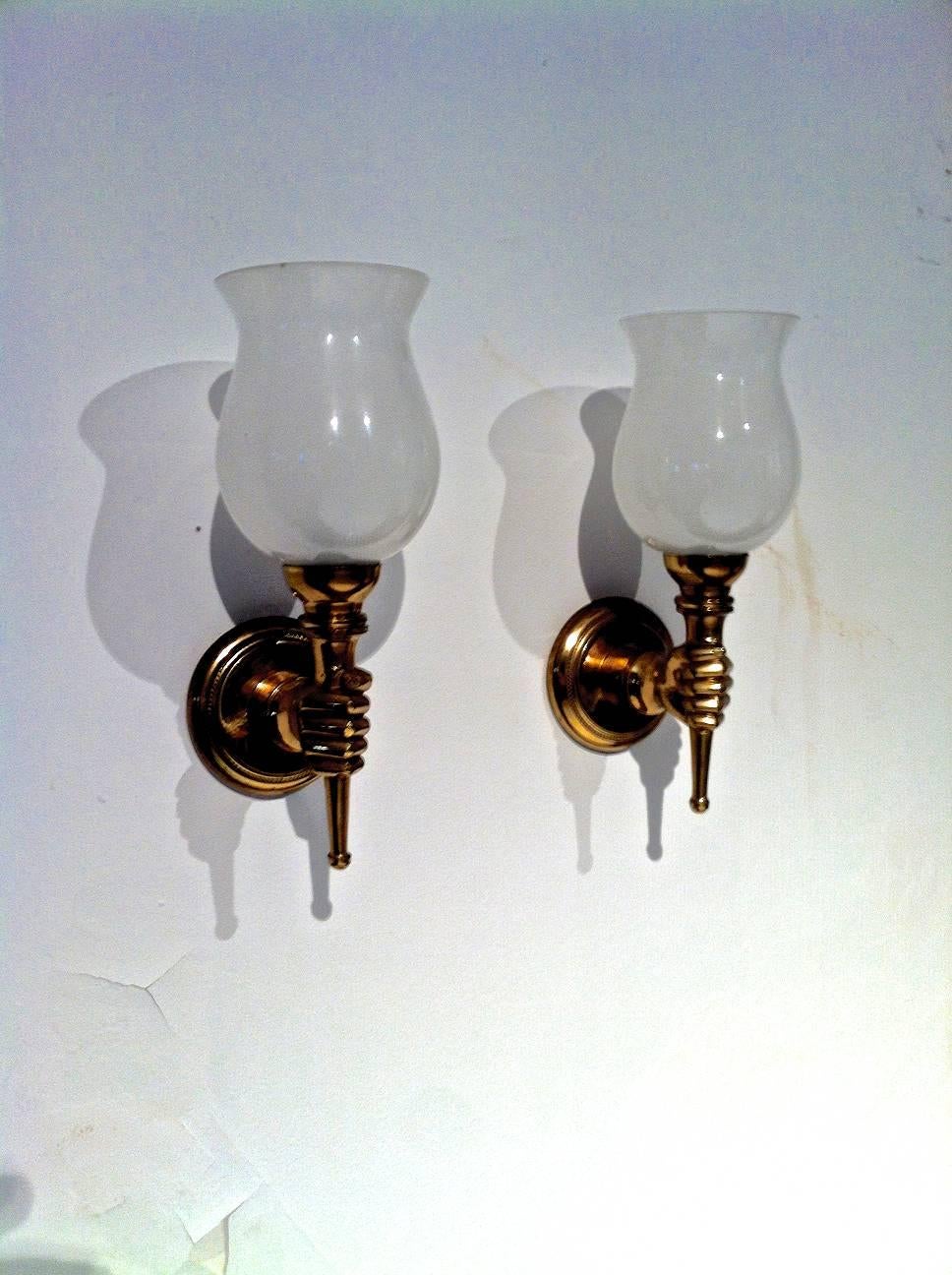 Neoclassical Revival John Devoluy Set of Four Gold Bronze Hand Sconces with Opaline Cup For Sale