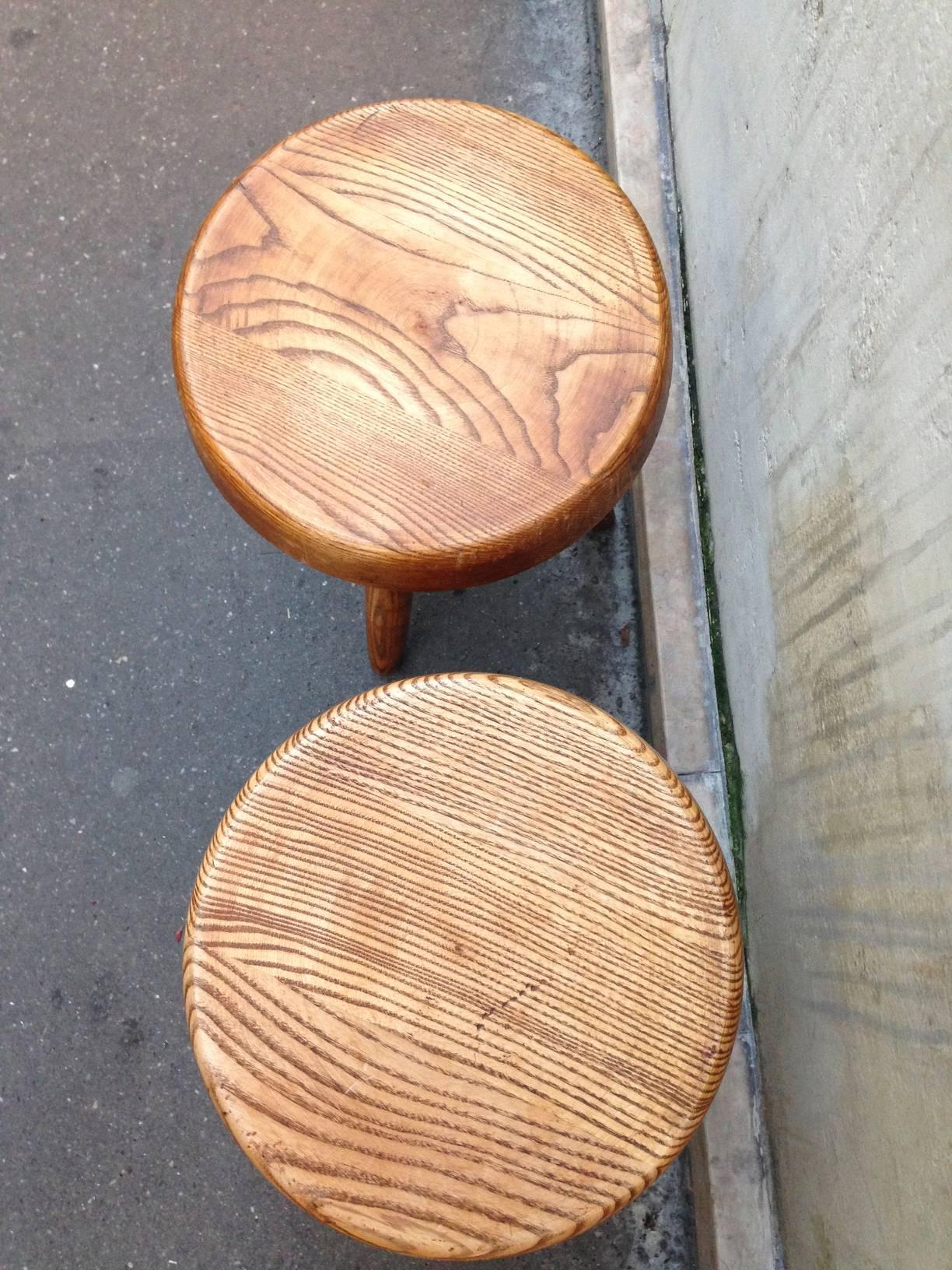 Charlotte Perriand Genuine Rare Ash Tree Higher Tripod Bench In Good Condition In Paris, ile de france