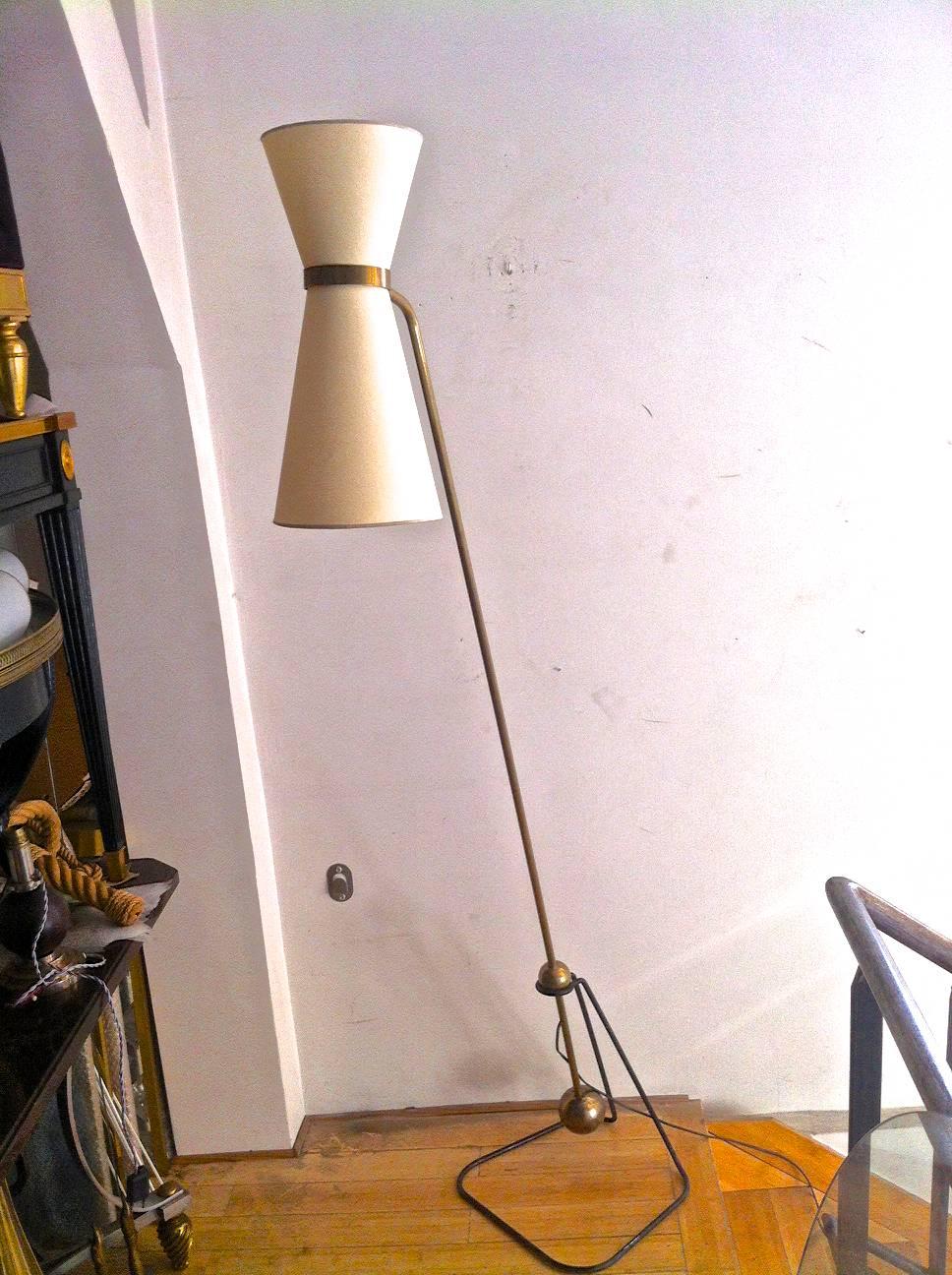 French Reclining Floor Lamp, style of Pierre Guariche, in Iron and Brass For Sale