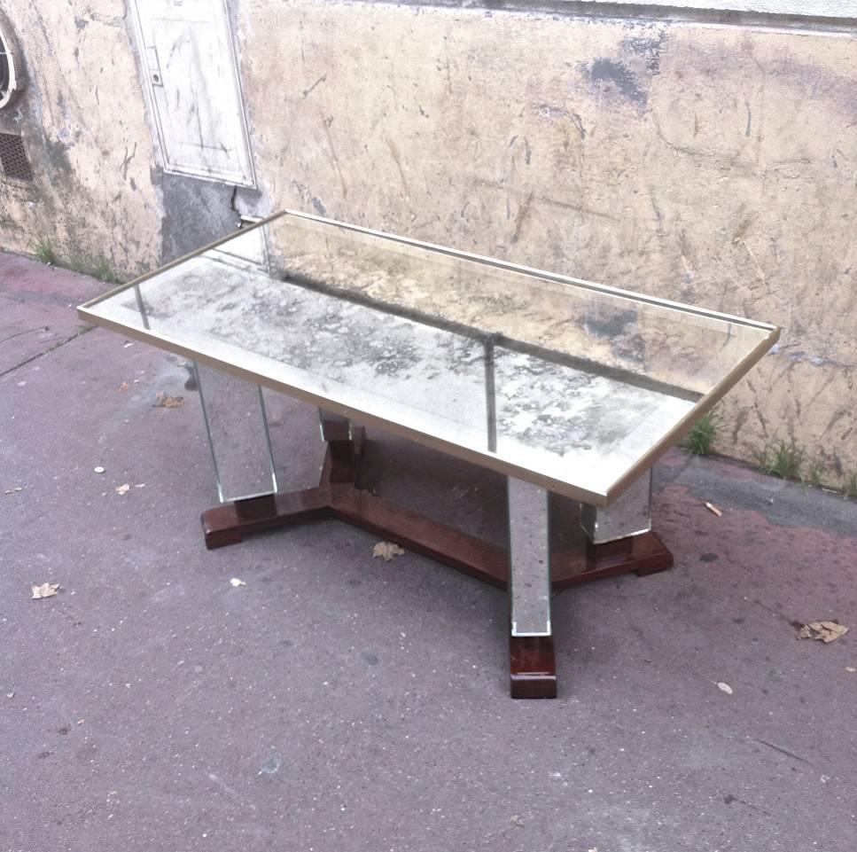 Mahogany Jules Leleu Signed and Documented Mirrored Coffee Table