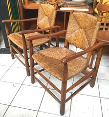 Charlotte Perriand Genuine Early Pair of Rush Armchairs in Vintage Condition
