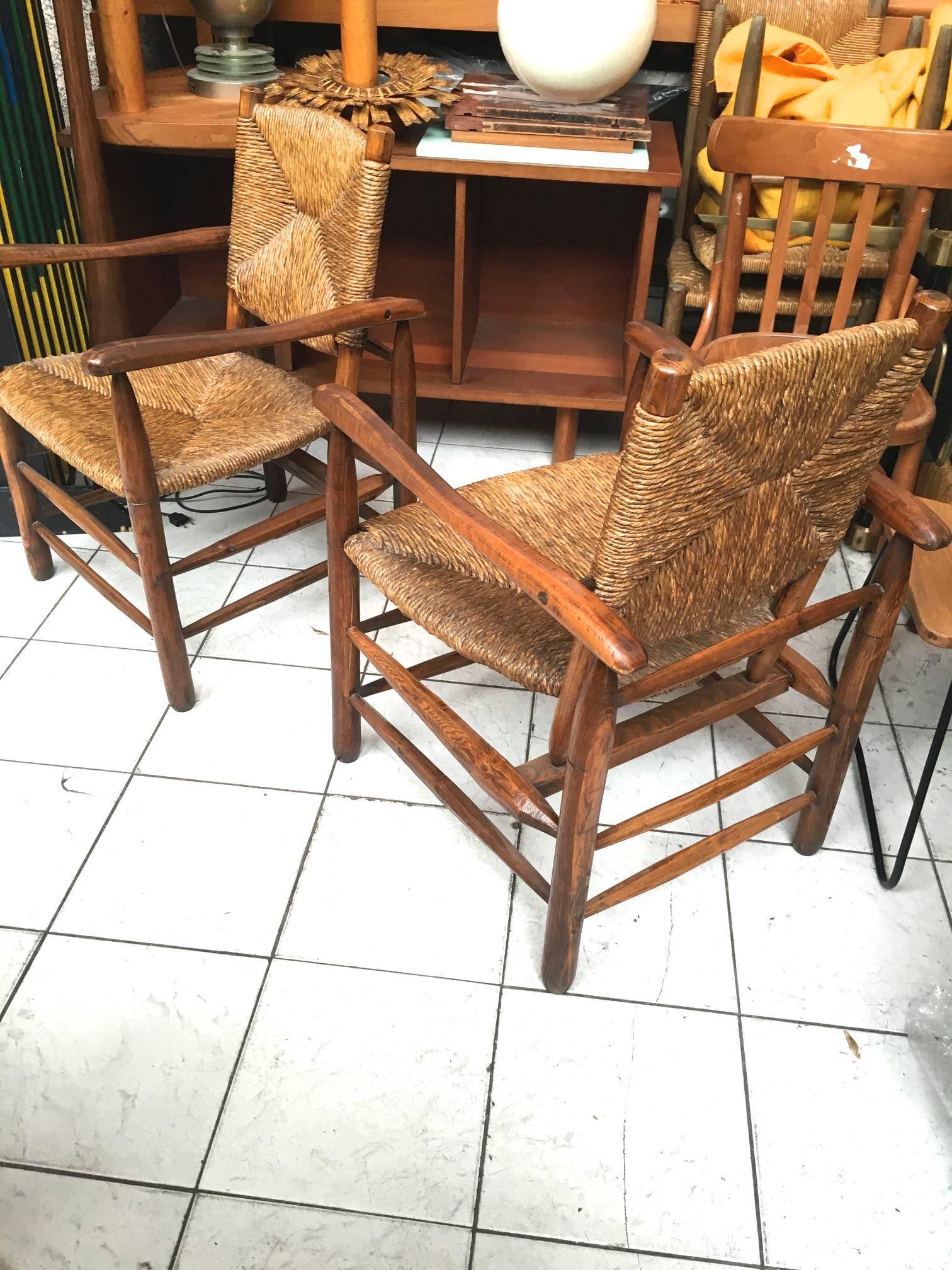 Charlotte Perriand Genuine Early Pair of Rush Armchairs in Vintage Condition For Sale 2