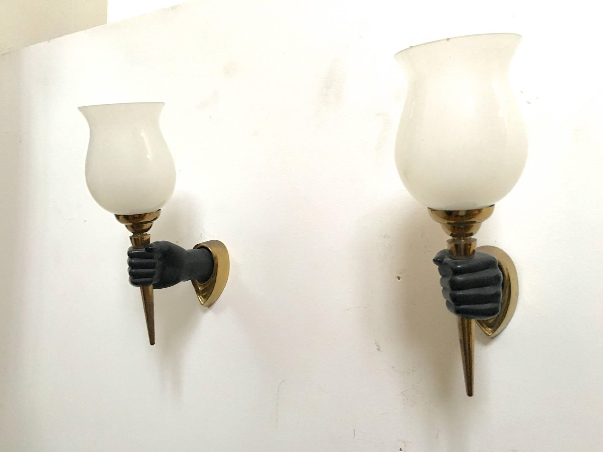Rare John Devoluy set of 4 Black Patine Hand Sconces with Gold Bronze Contrast For Sale 4