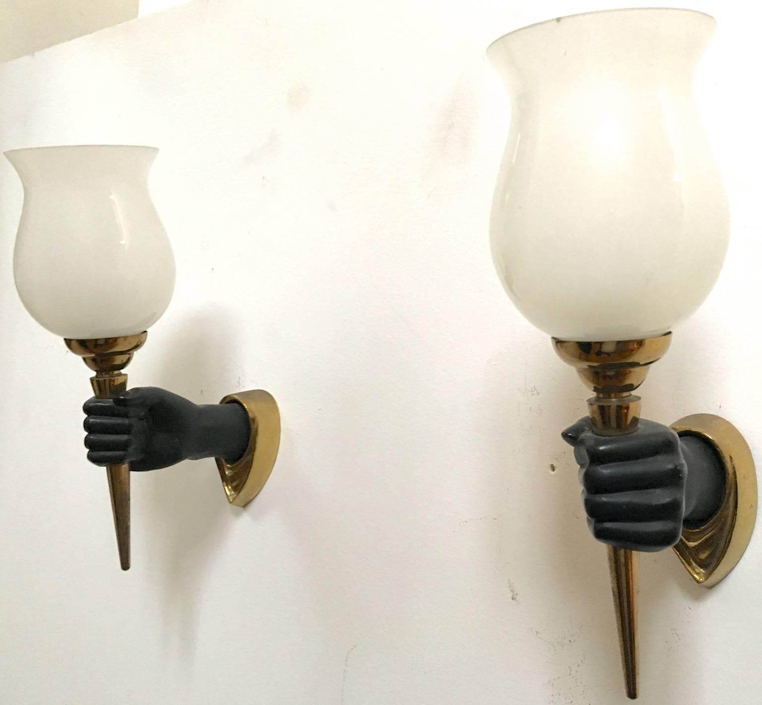 Mid-Century Modern Rare John Devoluy set of 4 Black Patine Hand Sconces with Gold Bronze Contrast For Sale