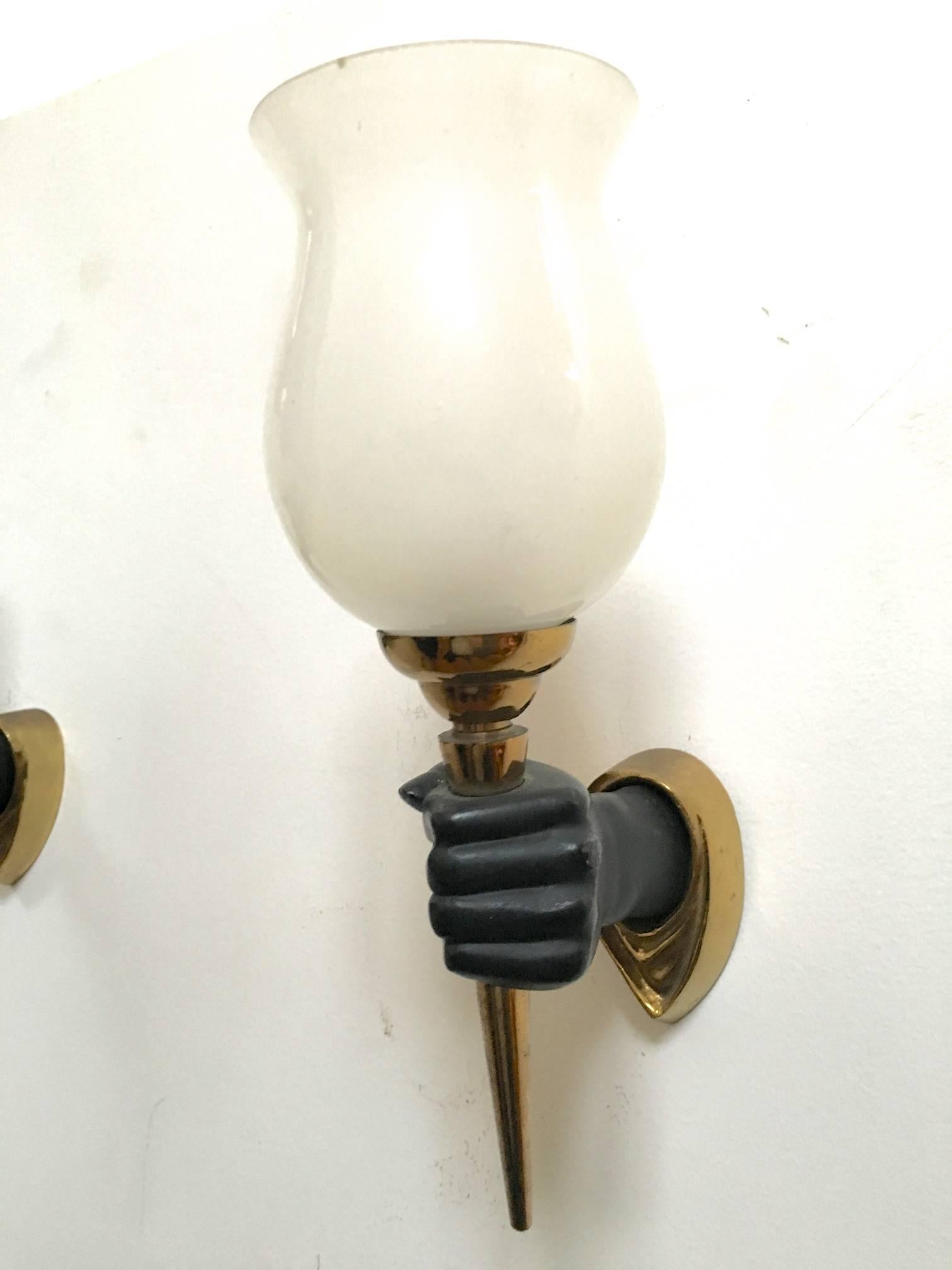 French Rare John Devoluy set of 4 Black Patine Hand Sconces with Gold Bronze Contrast For Sale