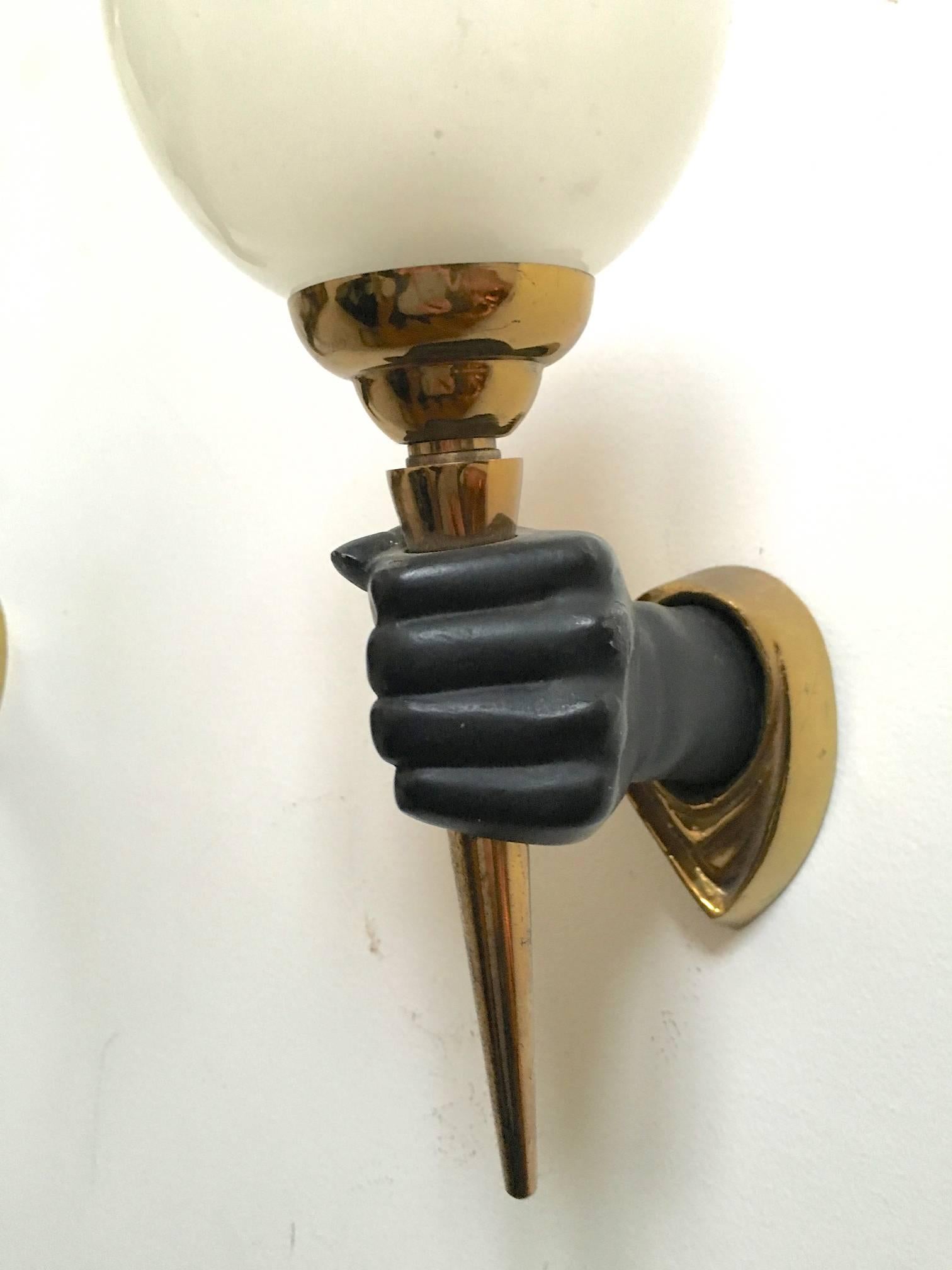 Rare John Devoluy set of 4 Black Patine Hand Sconces with Gold Bronze Contrast In Good Condition For Sale In Paris, ile de france