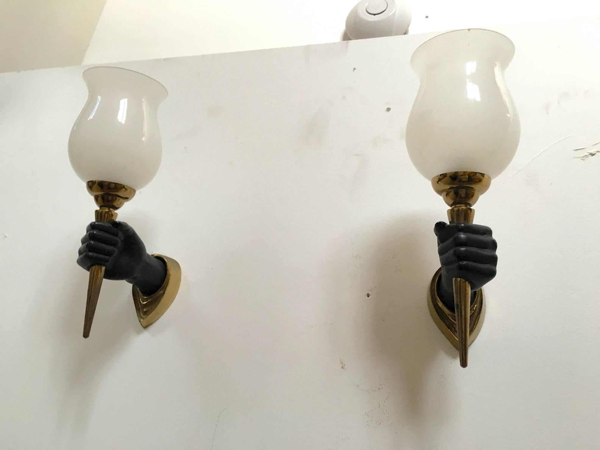 Mid-20th Century Rare John Devoluy set of 4 Black Patine Hand Sconces with Gold Bronze Contrast For Sale