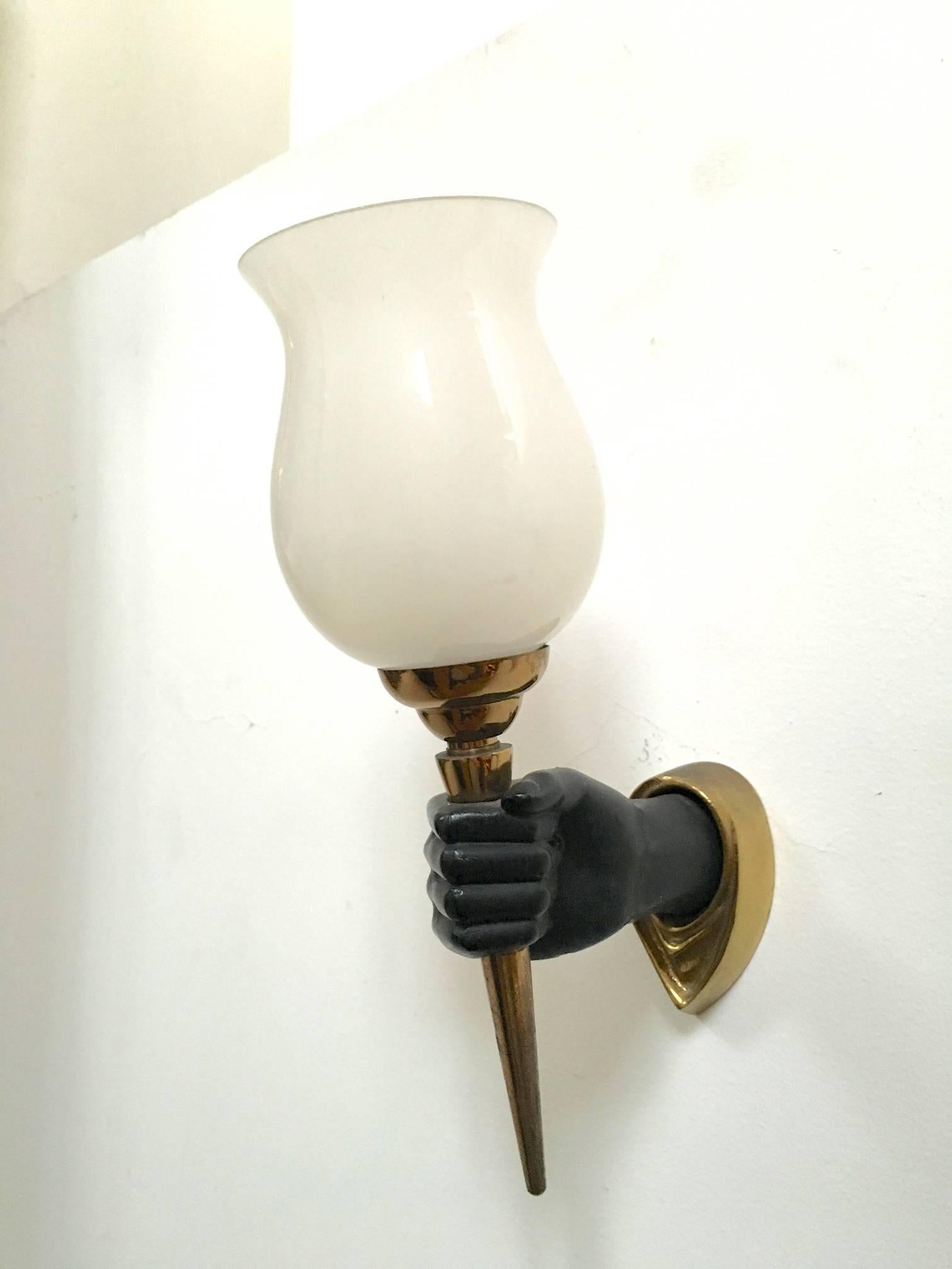 Rare John Devoluy set of 4 Black Patine Hand Sconces with Gold Bronze Contrast For Sale 1