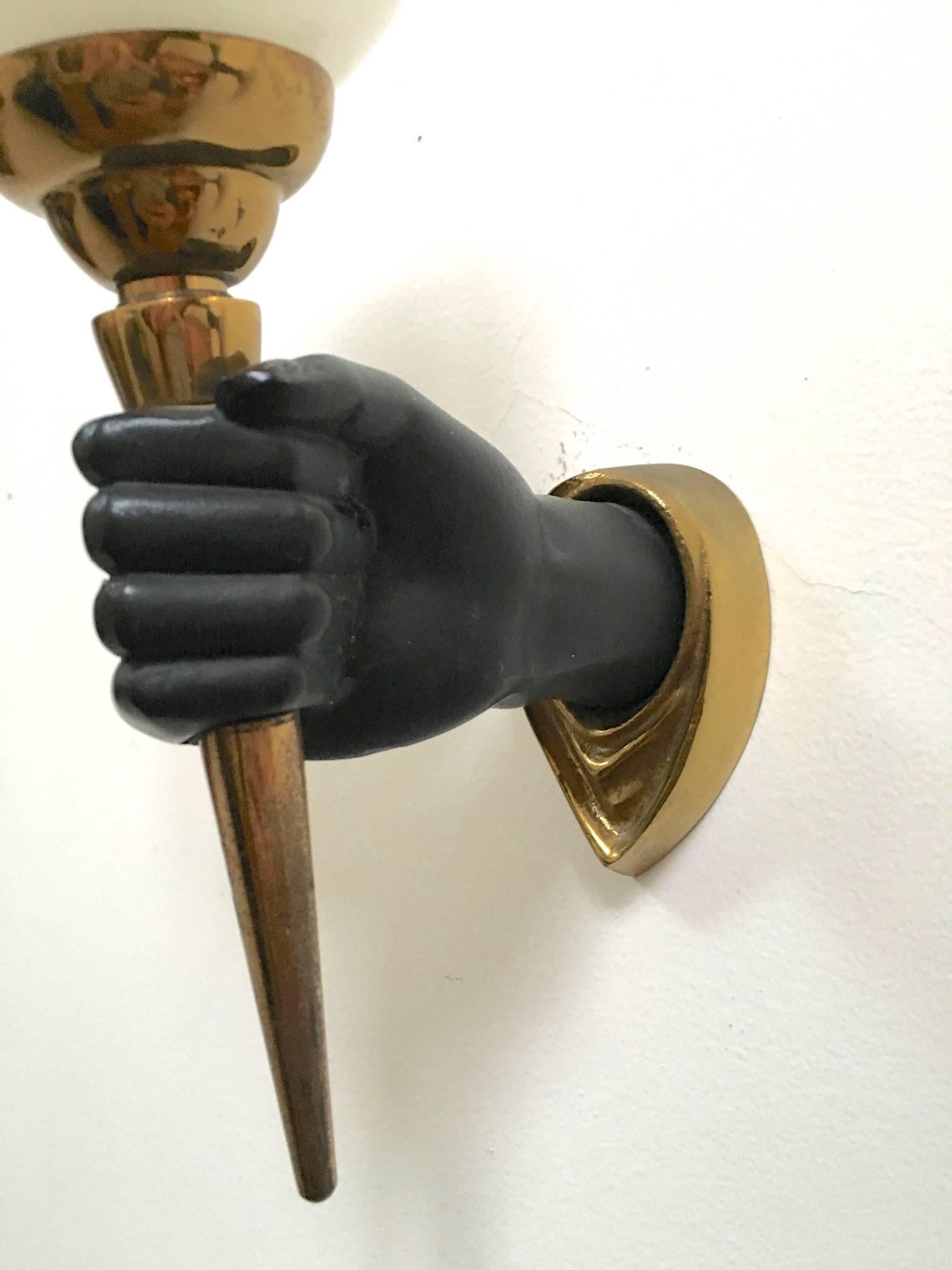 Rare John Devoluy set of 4 Black Patine Hand Sconces with Gold Bronze Contrast For Sale 2
