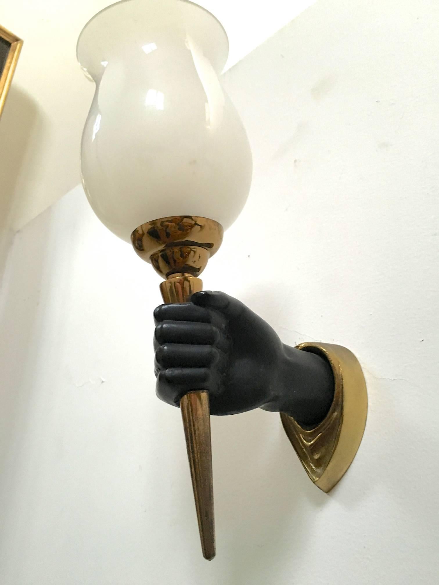 Rare John Devoluy set of 4 Black Patine Hand Sconces with Gold Bronze Contrast For Sale 3
