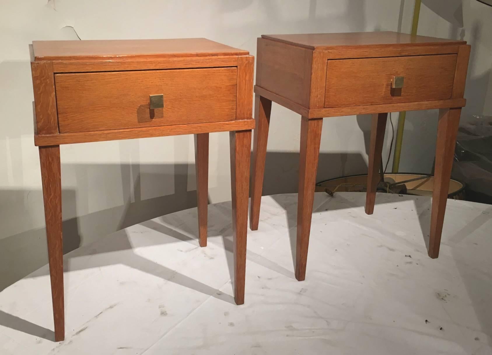 Jacques Adnet oak pair of neo Classic side table or bedside.