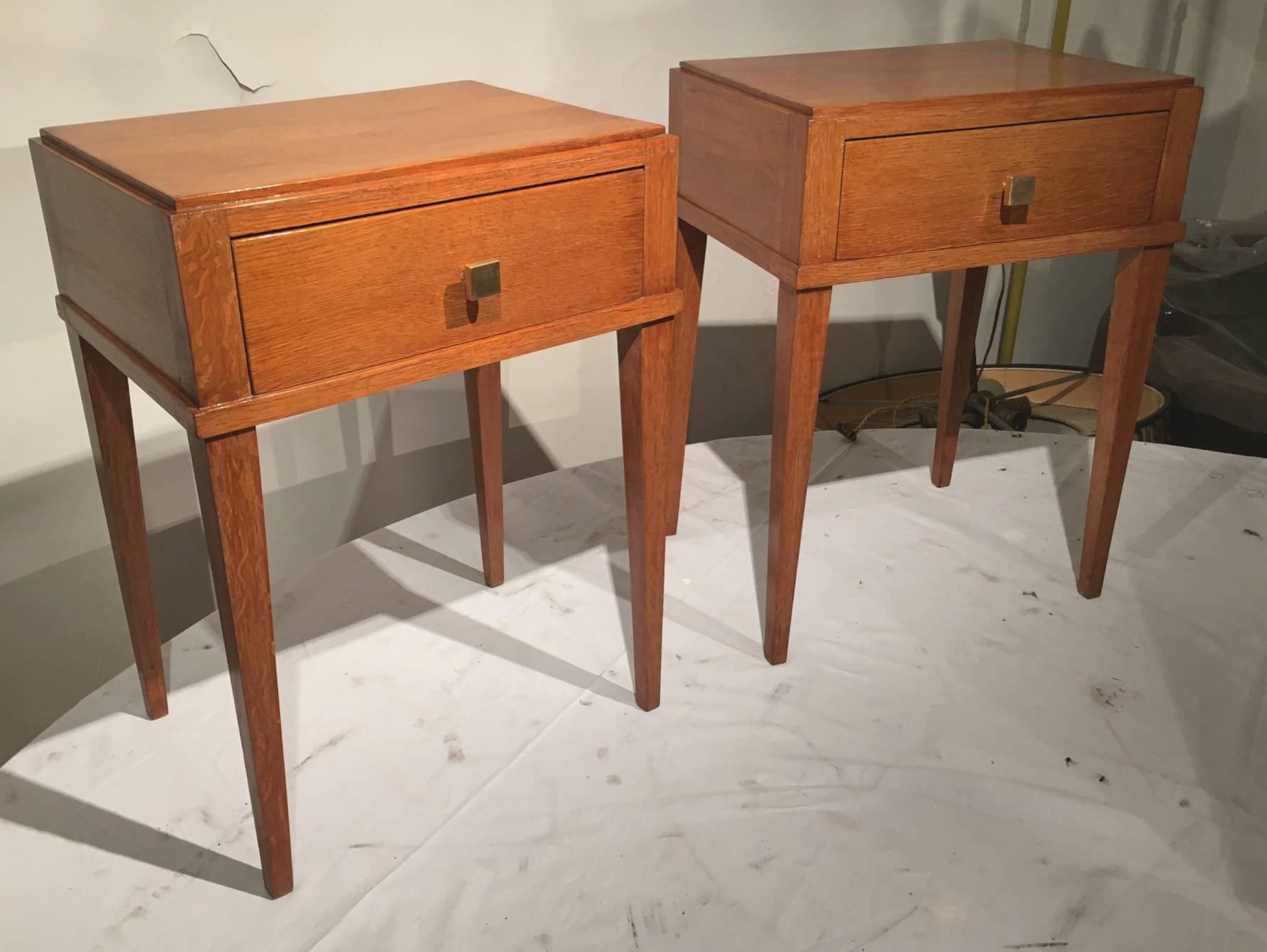 French Jacques Adnet Oak Pair of Neoclassic Side Tables or Bedside Tables