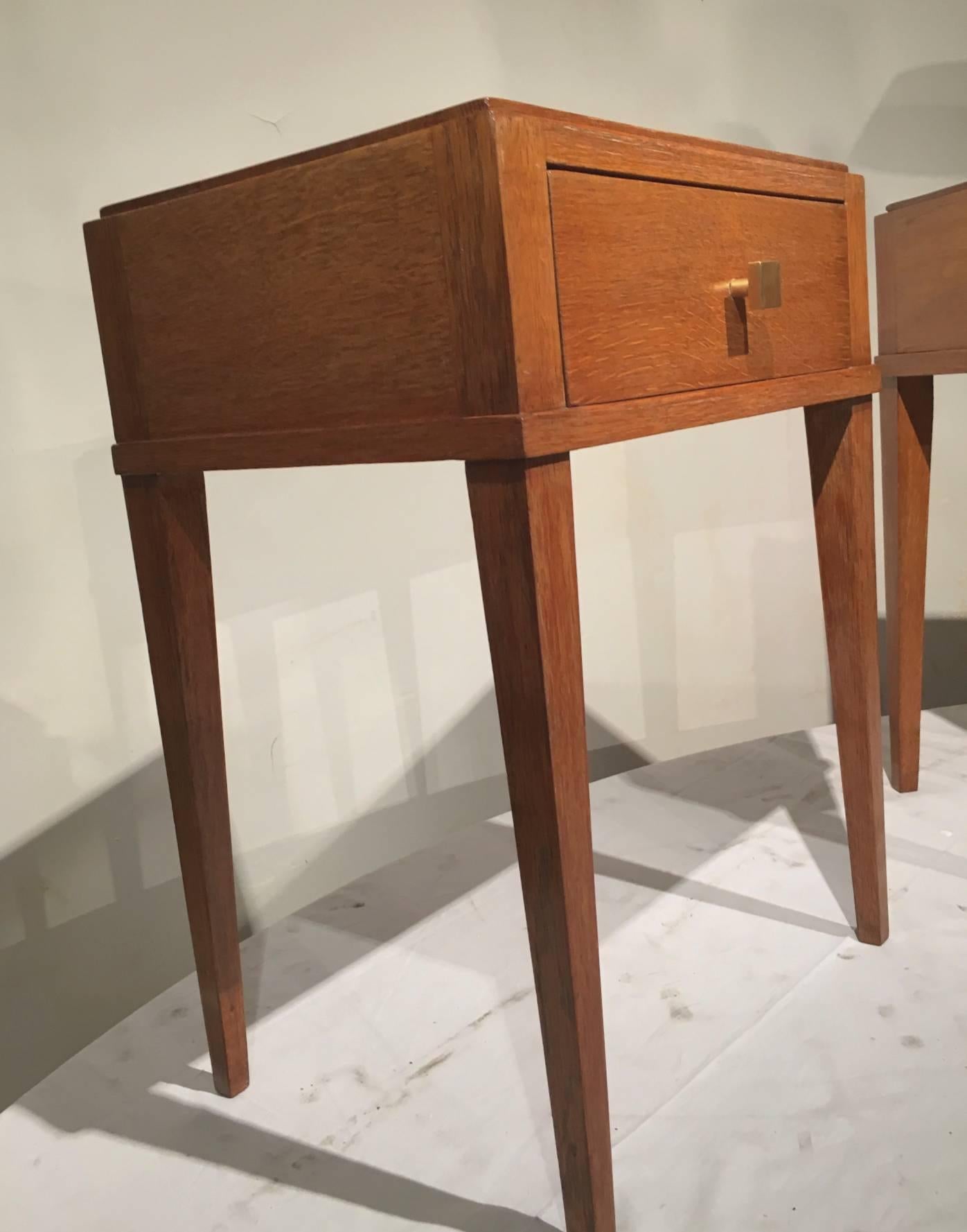 Mid-20th Century Jacques Adnet Oak Pair of Neoclassic Side Tables or Bedside Tables