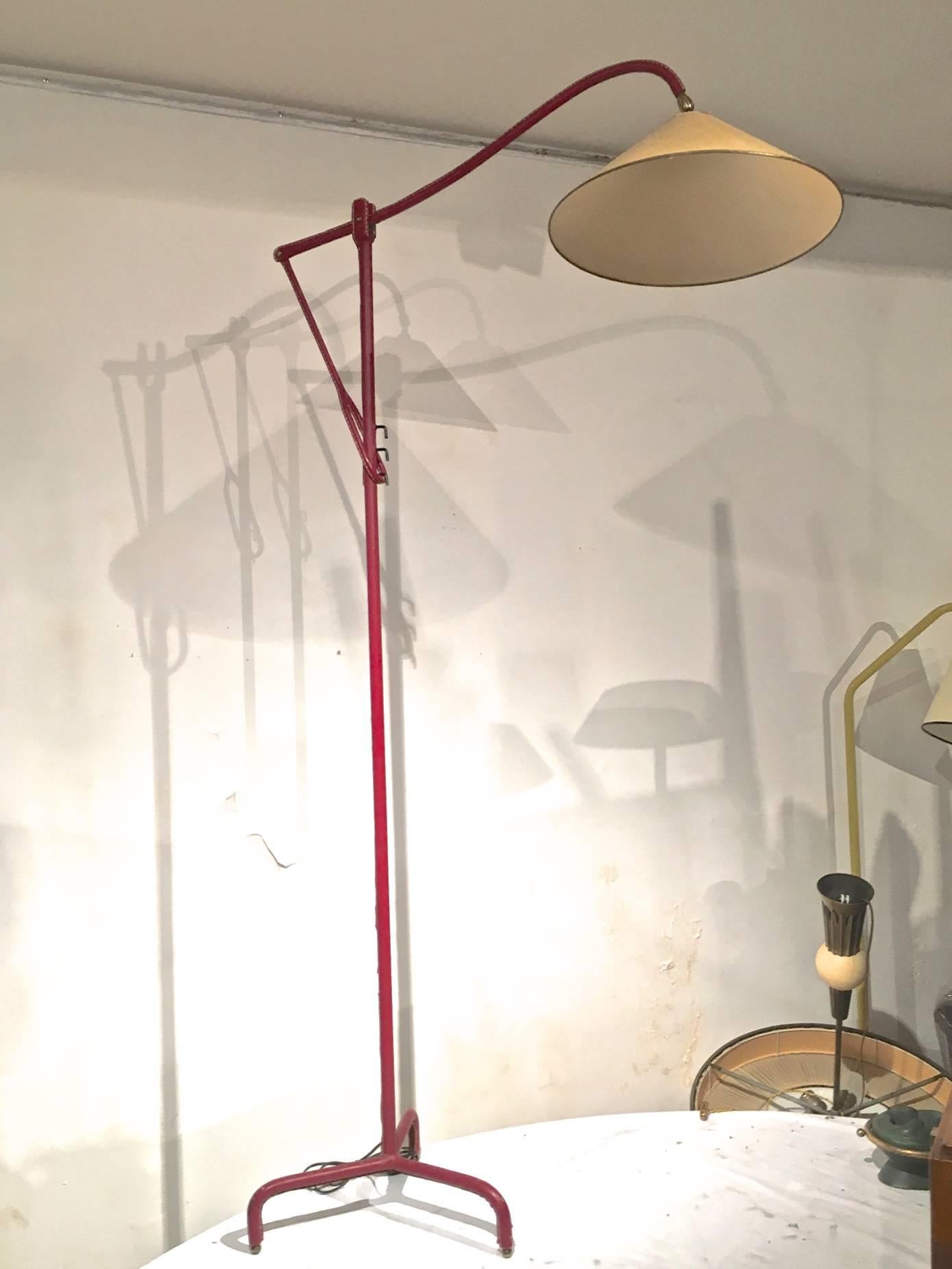 Mid-20th Century Jacques Adnet Hand-Stitched Leather Reclining Floor Lamp  in Red Hermès Color