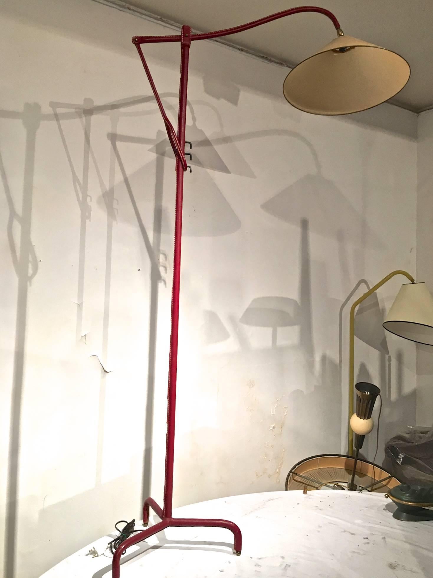 Jacques Adnet Hand-Stitched Leather reclining floor lamp  in Red Hermès color