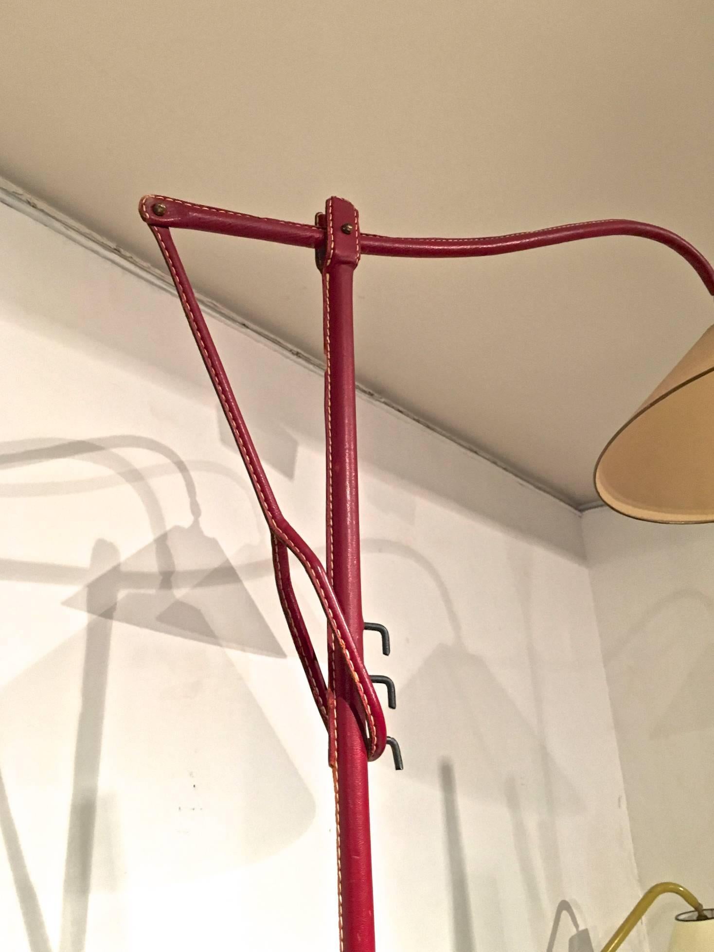 Mid-Century Modern Jacques Adnet Hand-Stitched Leather Reclining Floor Lamp  in Red Hermès Color