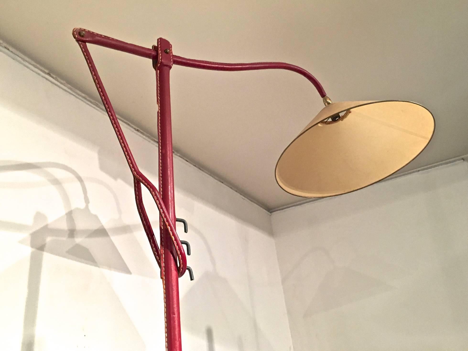 French Jacques Adnet Hand-Stitched Leather Reclining Floor Lamp  in Red Hermès Color