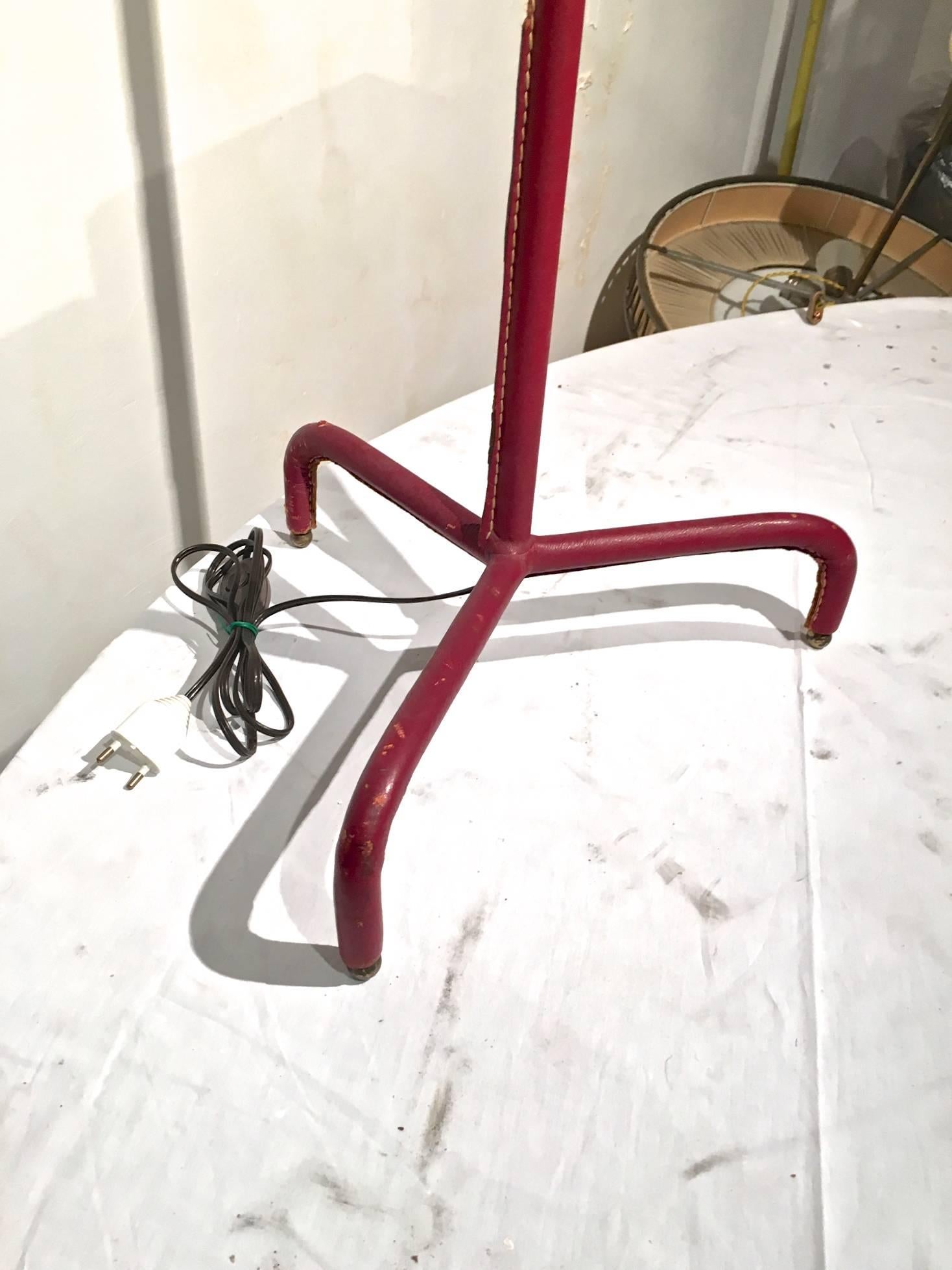 Jacques Adnet Hand-Stitched Leather Reclining Floor Lamp  in Red Hermès Color In Fair Condition In Paris, ile de france