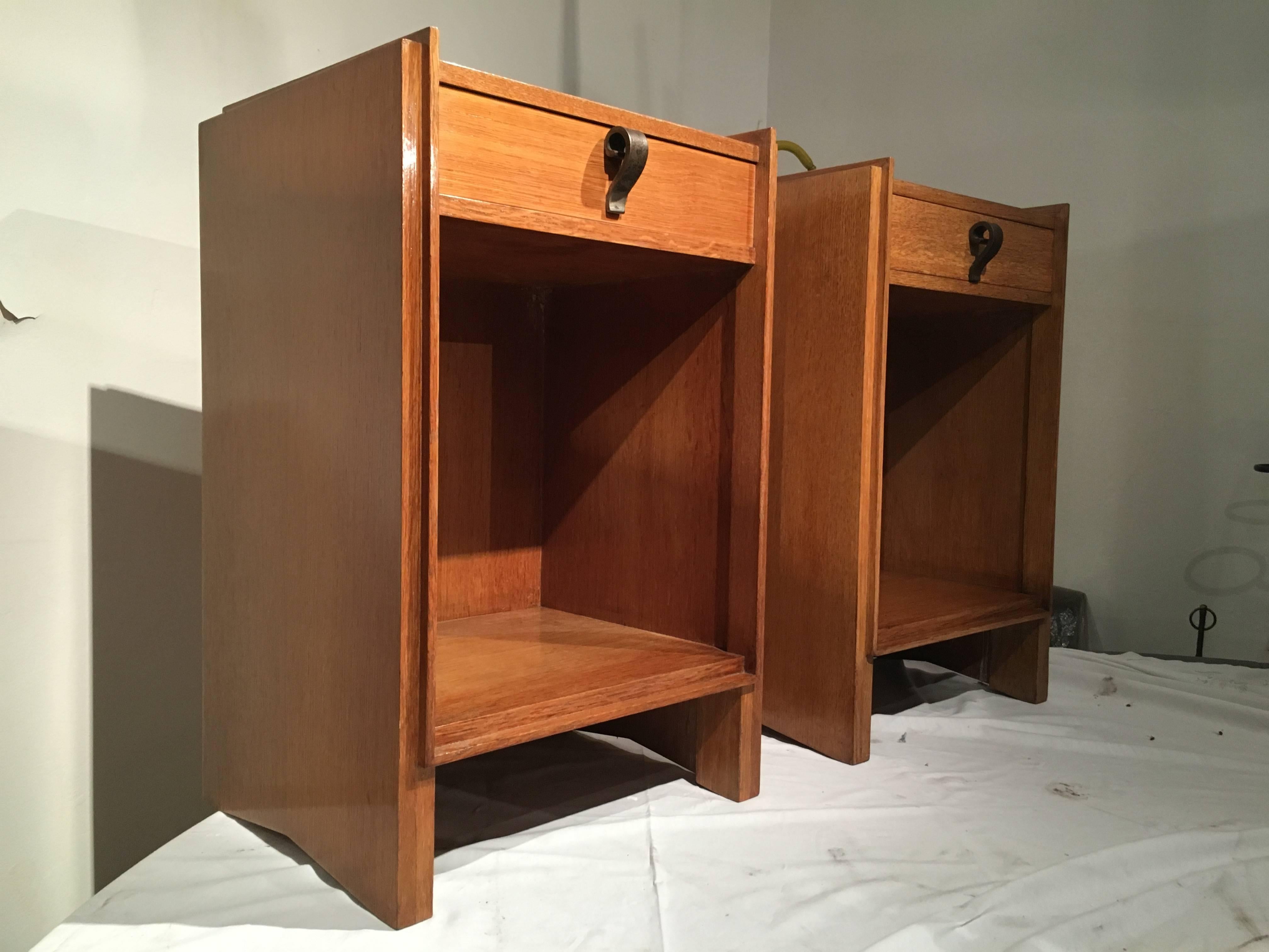 Maxime old pair of oak bedsides with pure design and original iron handle.
