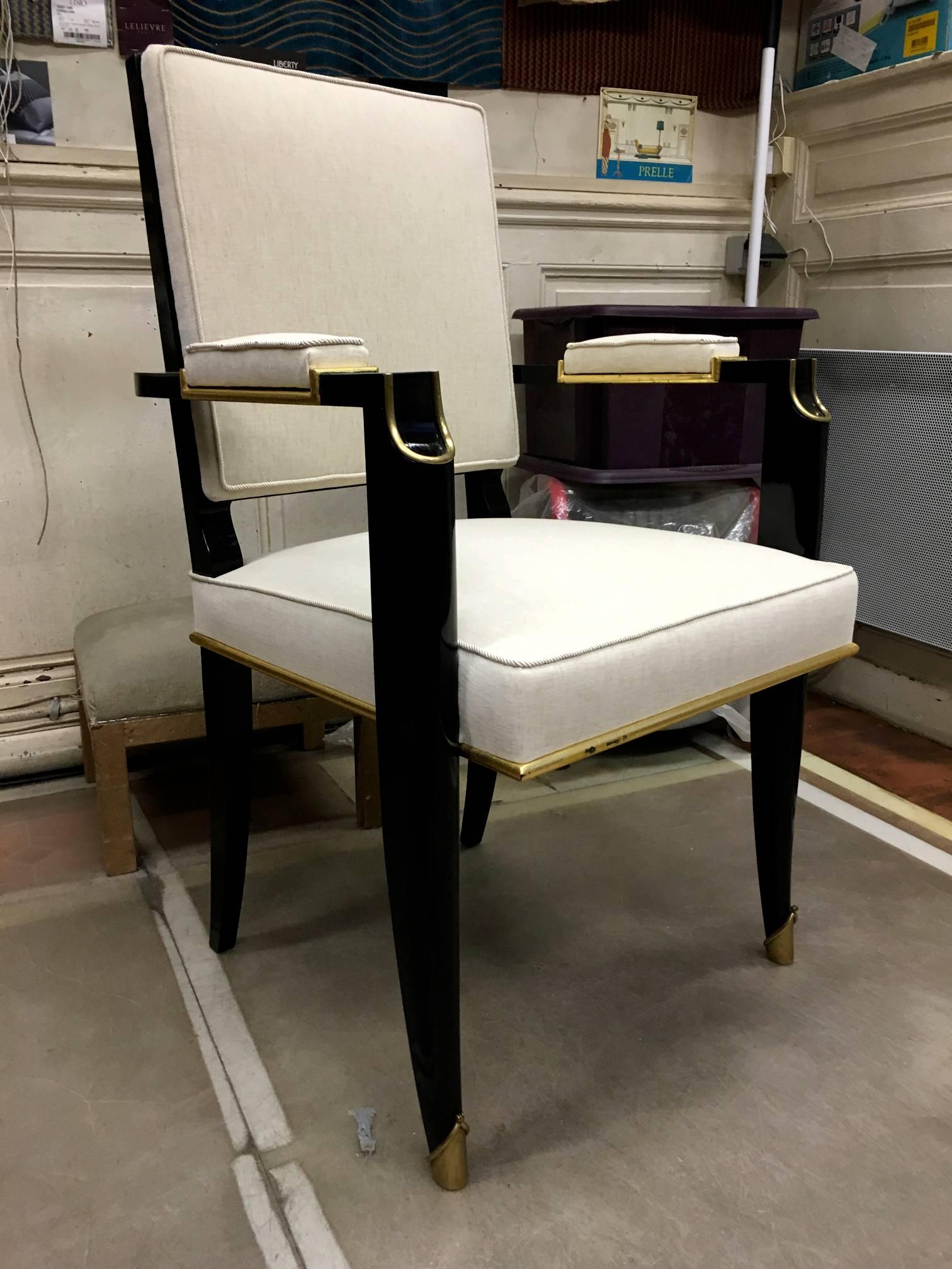 Mid-Century Modern Maurice Jallot Set of Six Black Neoclassic Chairs with Gold Bronze Details For Sale