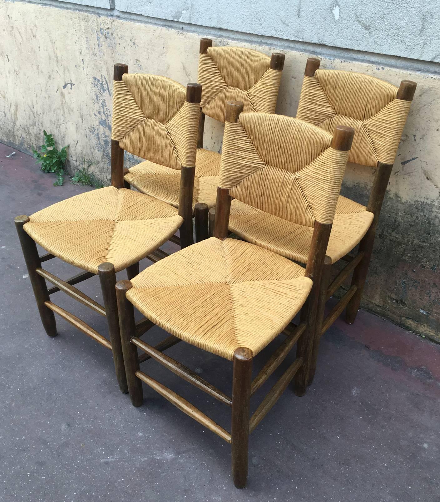 Mid-Century Modern Charlotte Perriand Set of Four Rush Chairs, Model Bauche, Good Vintage Condition For Sale