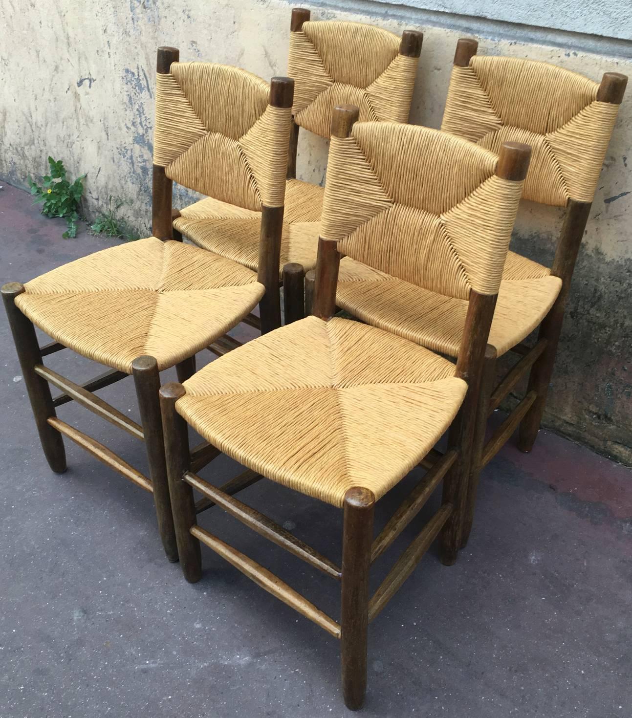 Charlotte Perriand Set of Four Rush Chairs, Model Bauche, Good Vintage Condition For Sale 2