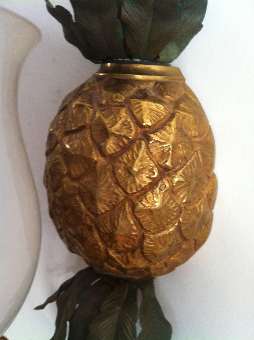 Mid-20th Century Maison Bagues Ananas Shaped Bronze Sconce Wth Opaline Glass For Sale